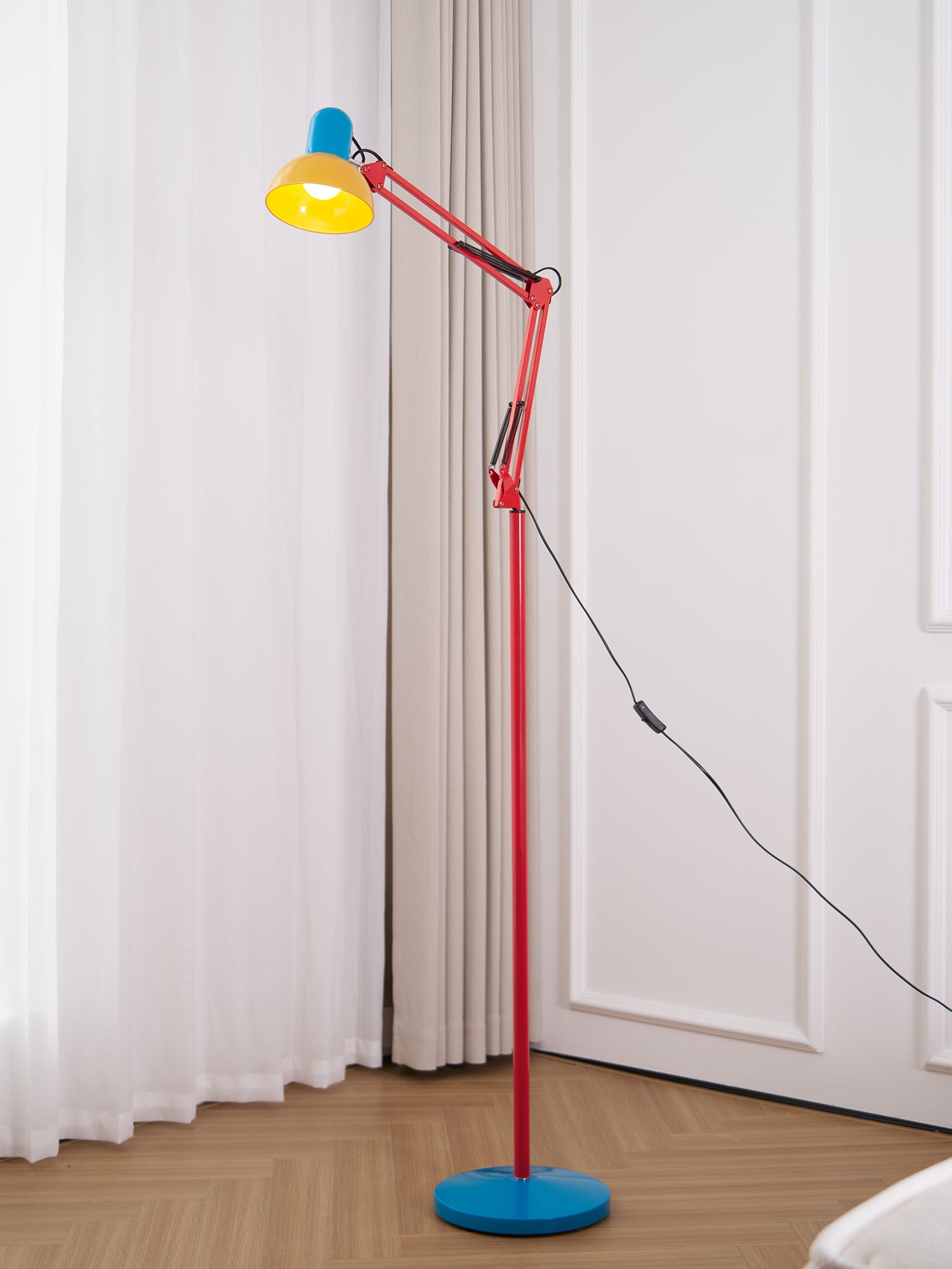 LED Floor Lamp | Adjustable Multi-Jointed Arm, Bright Blue Base & Yellow Shade for Home Office or Reading
