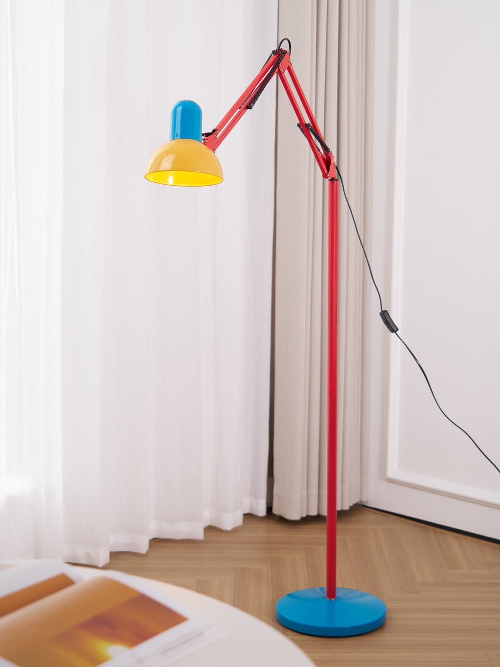 LED Floor Lamp | Adjustable Multi-Jointed Arm, Bright Blue Base & Yellow Shade for Home Office or Reading