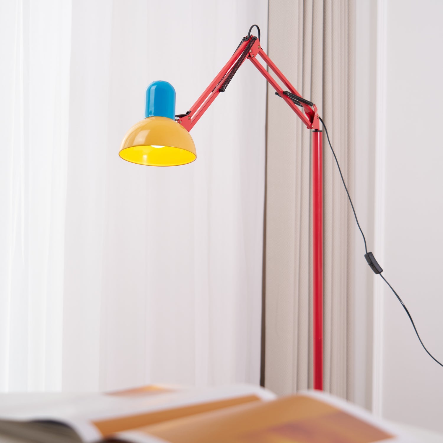 LED Floor Lamp | Adjustable Multi-Jointed Arm, Bright Blue Base & Yellow Shade for Home Office or Reading