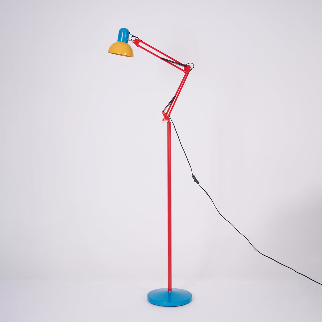 LED Floor Lamp | Adjustable Multi-Jointed Arm, Bright Blue Base & Yellow Shade for Home Office or Reading