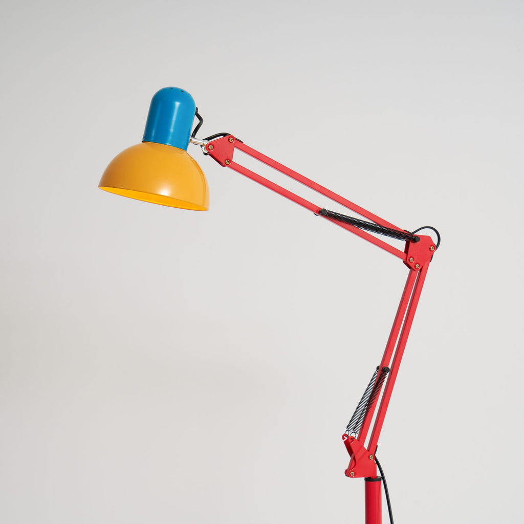 LED Floor Lamp | Adjustable Multi-Jointed Arm, Bright Blue Base & Yellow Shade for Home Office or Reading