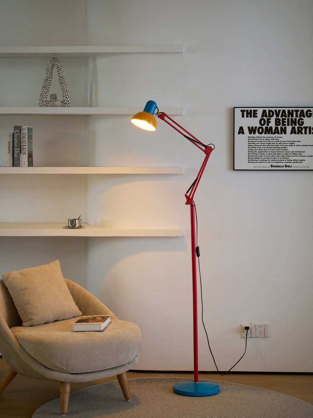 LED Floor Lamp | Adjustable Multi-Jointed Arm, Bright Blue Base & Yellow Shade for Home Office or Reading