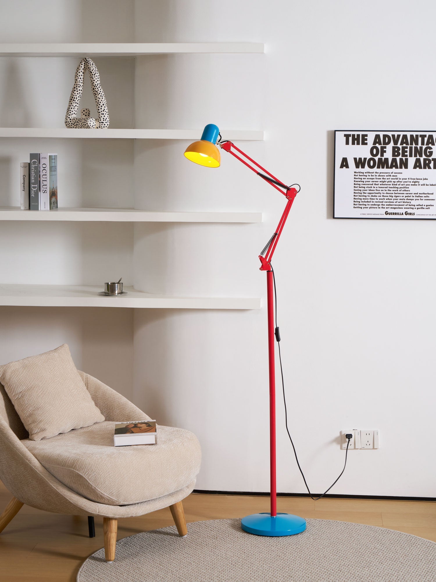 LED Floor Lamp | Adjustable Multi-Jointed Arm, Bright Blue Base & Yellow Shade for Home Office or Reading