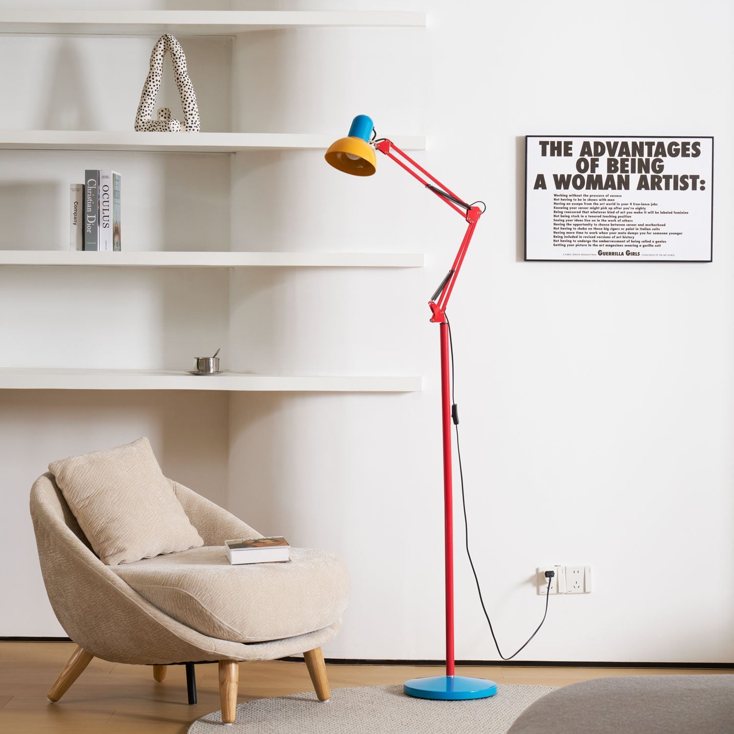 LED Floor Lamp | Adjustable Multi-Jointed Arm, Bright Blue Base & Yellow Shade for Home Office or Reading