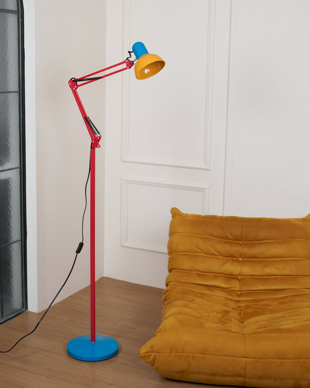 LED Floor Lamp | Adjustable Multi-Jointed Arm, Bright Blue Base & Yellow Shade for Home Office or Reading