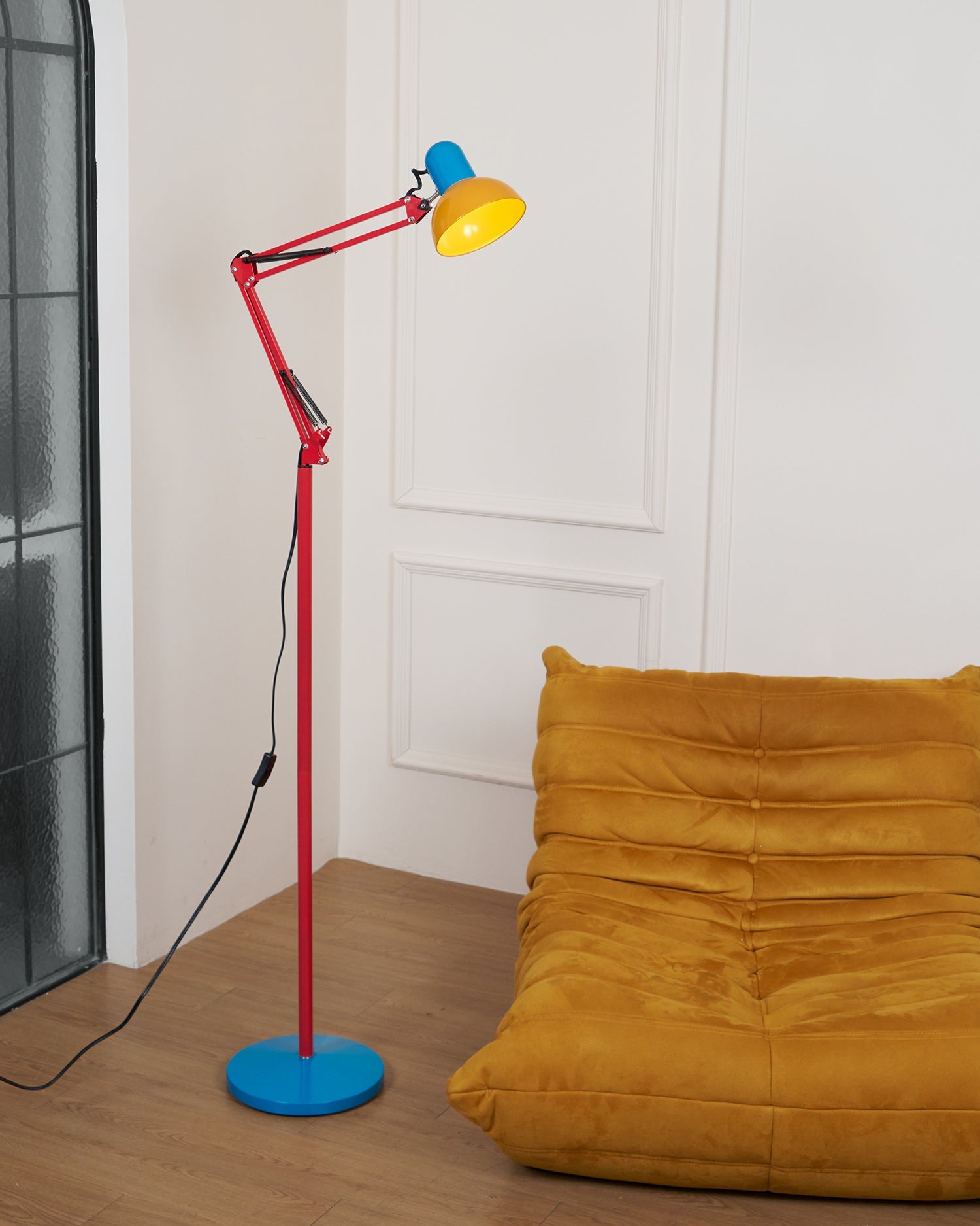 LED Floor Lamp | Adjustable Multi-Jointed Arm, Bright Blue Base & Yellow Shade for Home Office or Reading