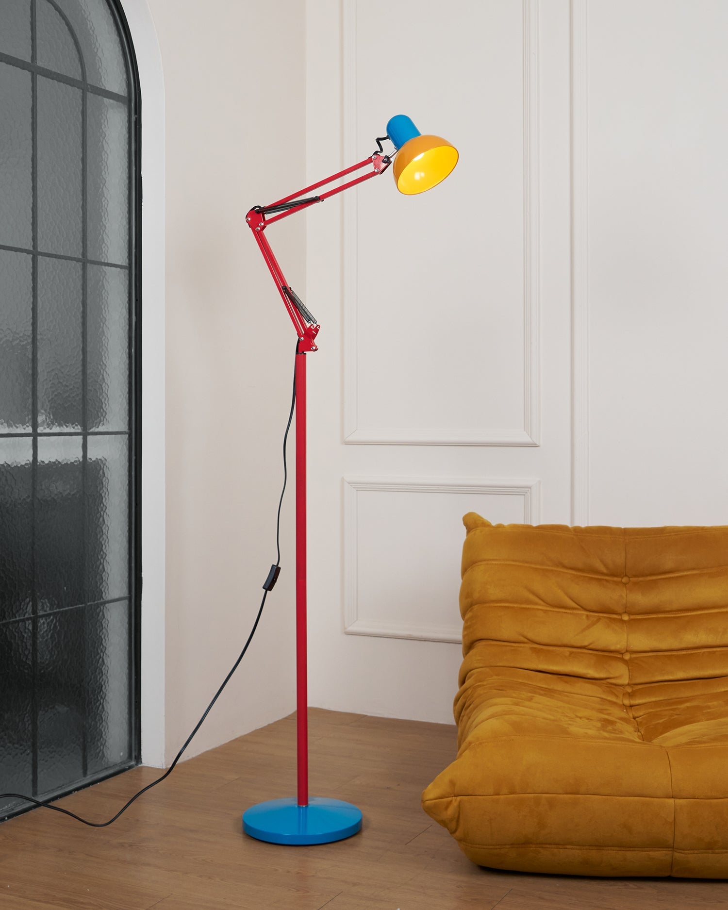 LED Floor Lamp | Adjustable Multi-Jointed Arm, Bright Blue Base & Yellow Shade for Home Office or Reading
