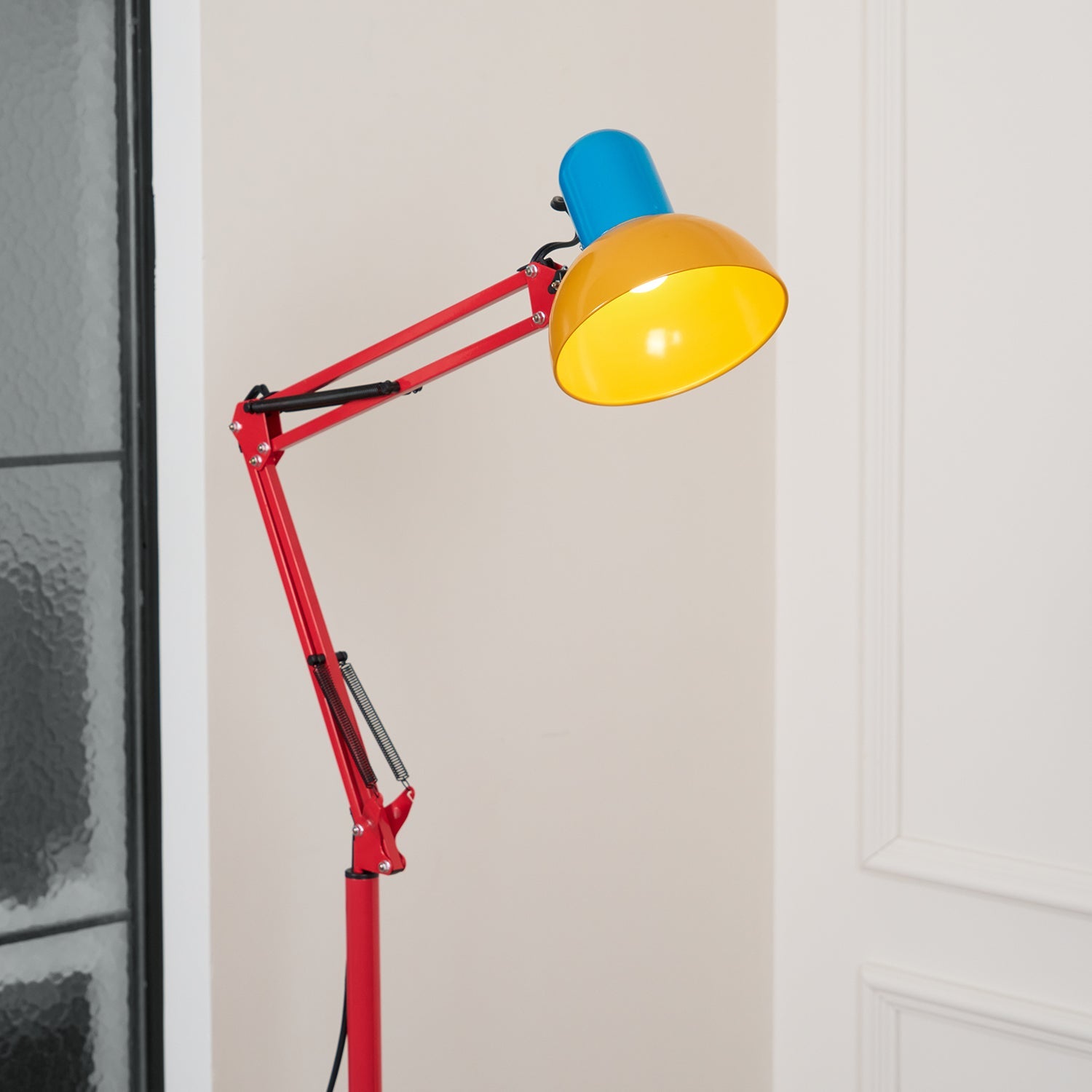 LED Floor Lamp | Adjustable Multi-Jointed Arm, Bright Blue Base & Yellow Shade for Home Office or Reading