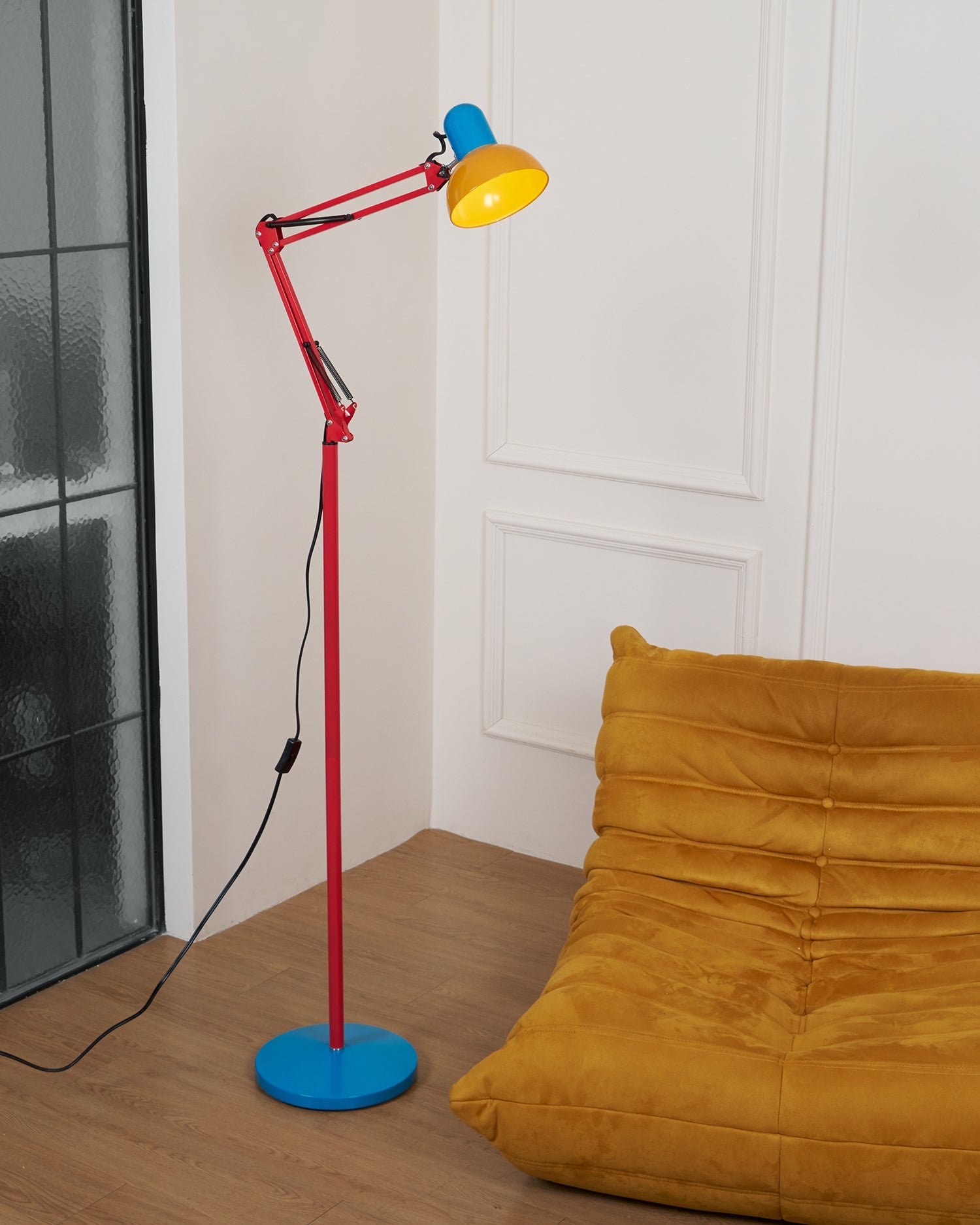 LED Floor Lamp | Adjustable Multi-Jointed Arm, Bright Blue Base & Yellow Shade for Home Office or Reading