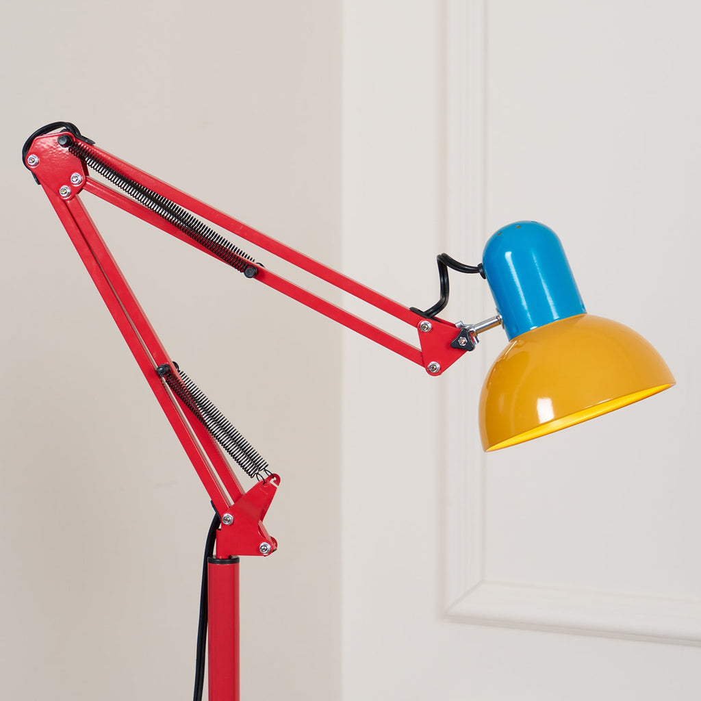 LED Floor Lamp | Adjustable Multi-Jointed Arm, Bright Blue Base & Yellow Shade for Home Office or Reading
