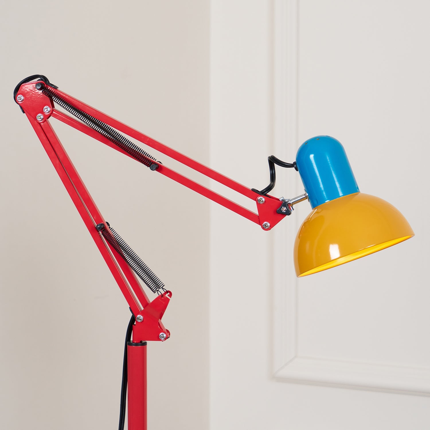 LED Floor Lamp | Adjustable Multi-Jointed Arm, Bright Blue Base & Yellow Shade for Home Office or Reading