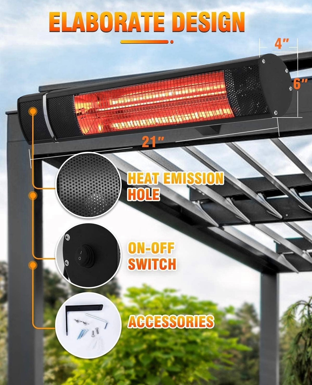 1500W Electric Patio Heater with Remote Control, Infrared Wall-Mounted Heater for Outdoor & Indoor Use, 3 Power Settings, Overheat Protection