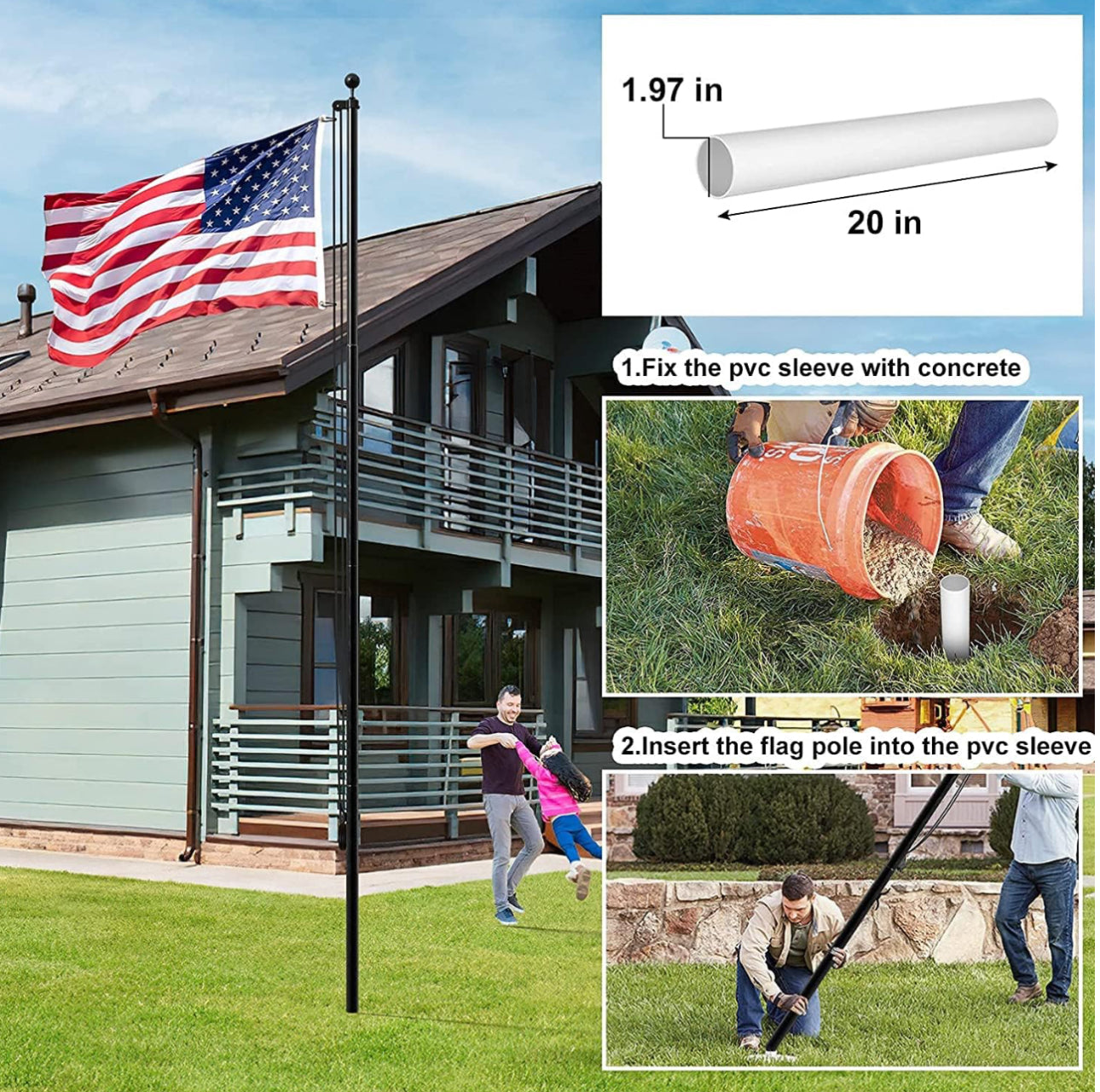 Heavy Duty 20 FT Flag Pole Kit with Extra Thick Outdoor Flag and 3x5 American Flag for Residential or Commercial Use