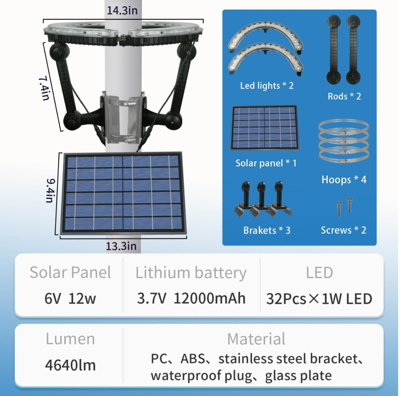 Solar Flagpole Light with 4640 Lumen Brightness, 12000mAh Rechargeable Battery, 32 LED Waterproof Outdoor Fixture for 2-6 Inch Diameter Flagpoles