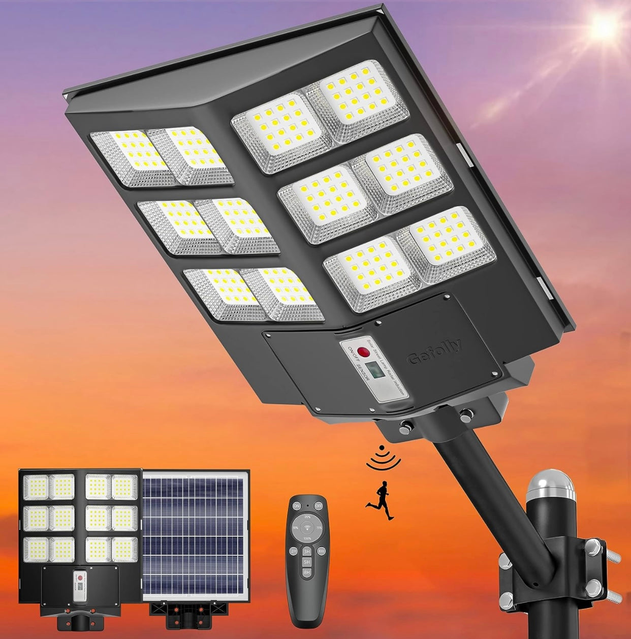 600W Commercial Solar Street Light with 60000LM Brightness, Dusk to Dawn Operation, Remote Control for Parking Lots & Outdoor Areas