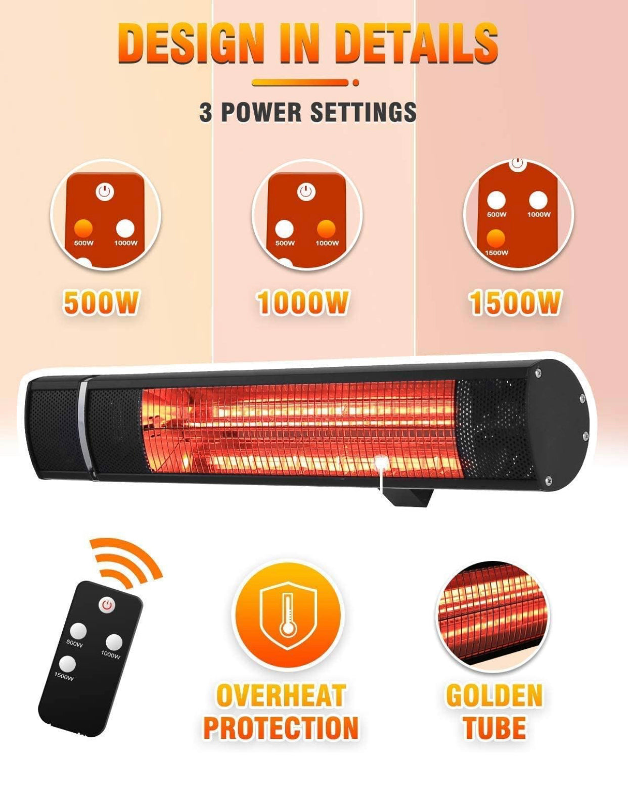 1500W Electric Patio Heater with Remote Control, Infrared Wall-Mounted Heater for Outdoor & Indoor Use, 3 Power Settings, Overheat Protection