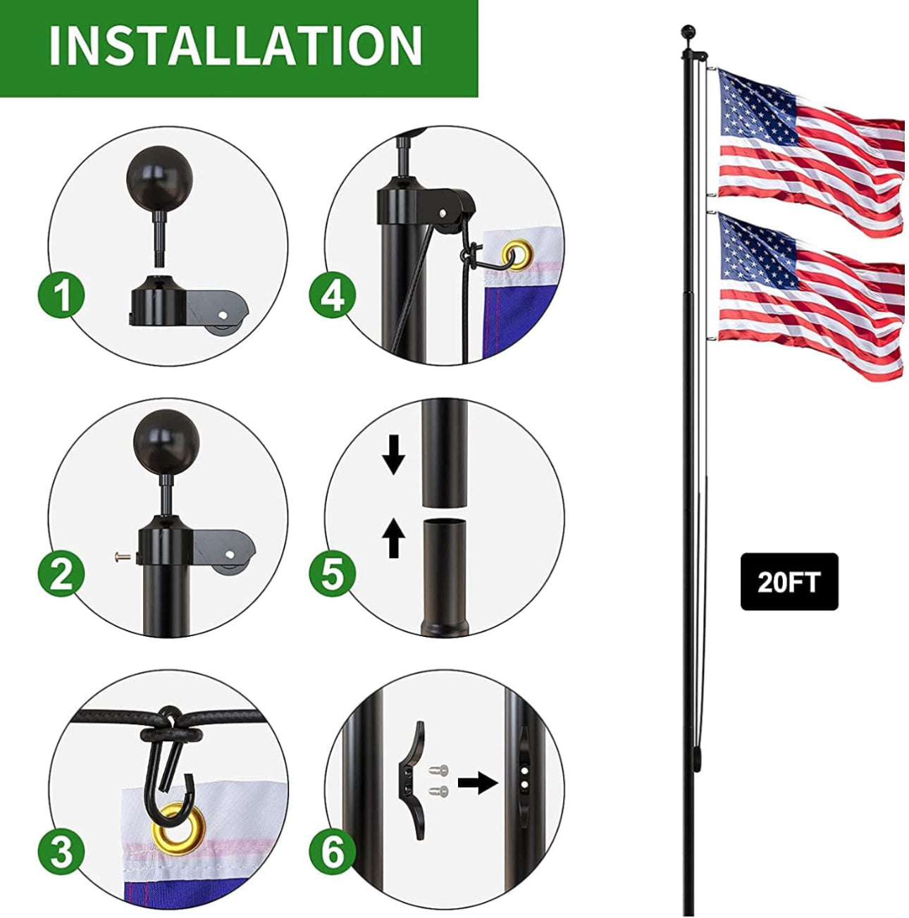 Heavy Duty 20 FT Flag Pole Kit with Extra Thick Outdoor Flag and 3x5 American Flag for Residential or Commercial Use