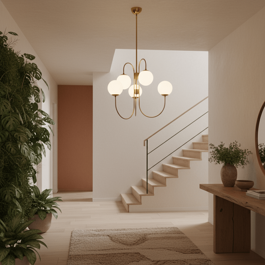 Gooseneck Chandelier | Wrought Iron & Glass, Damp-Rated for Indoor Use in Contemporary or Mid-Century Modern Spaces