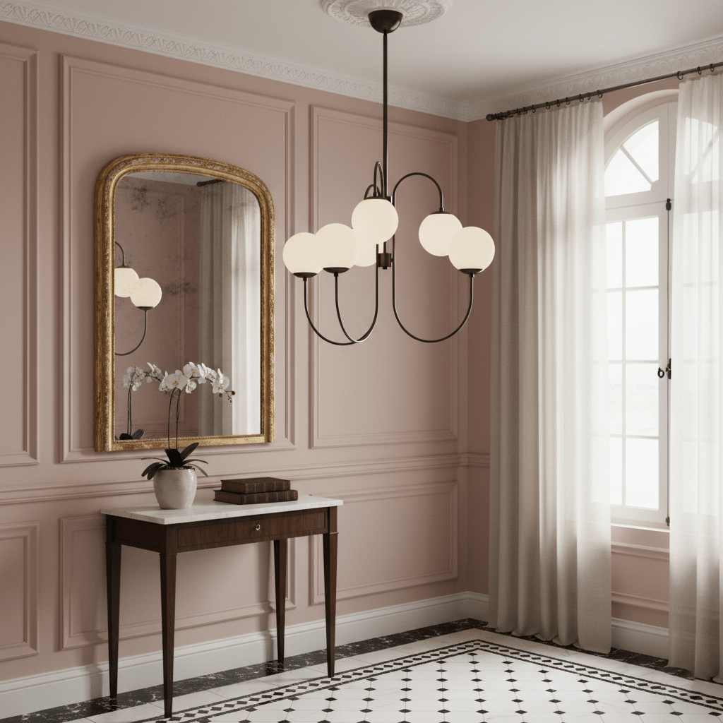 Gooseneck Chandelier | Wrought Iron & Glass, Damp-Rated for Indoor Use in Contemporary or Mid-Century Modern Spaces