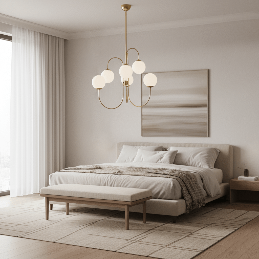 Gooseneck Chandelier | Wrought Iron & Glass, Damp-Rated for Indoor Use in Contemporary or Mid-Century Modern Spaces