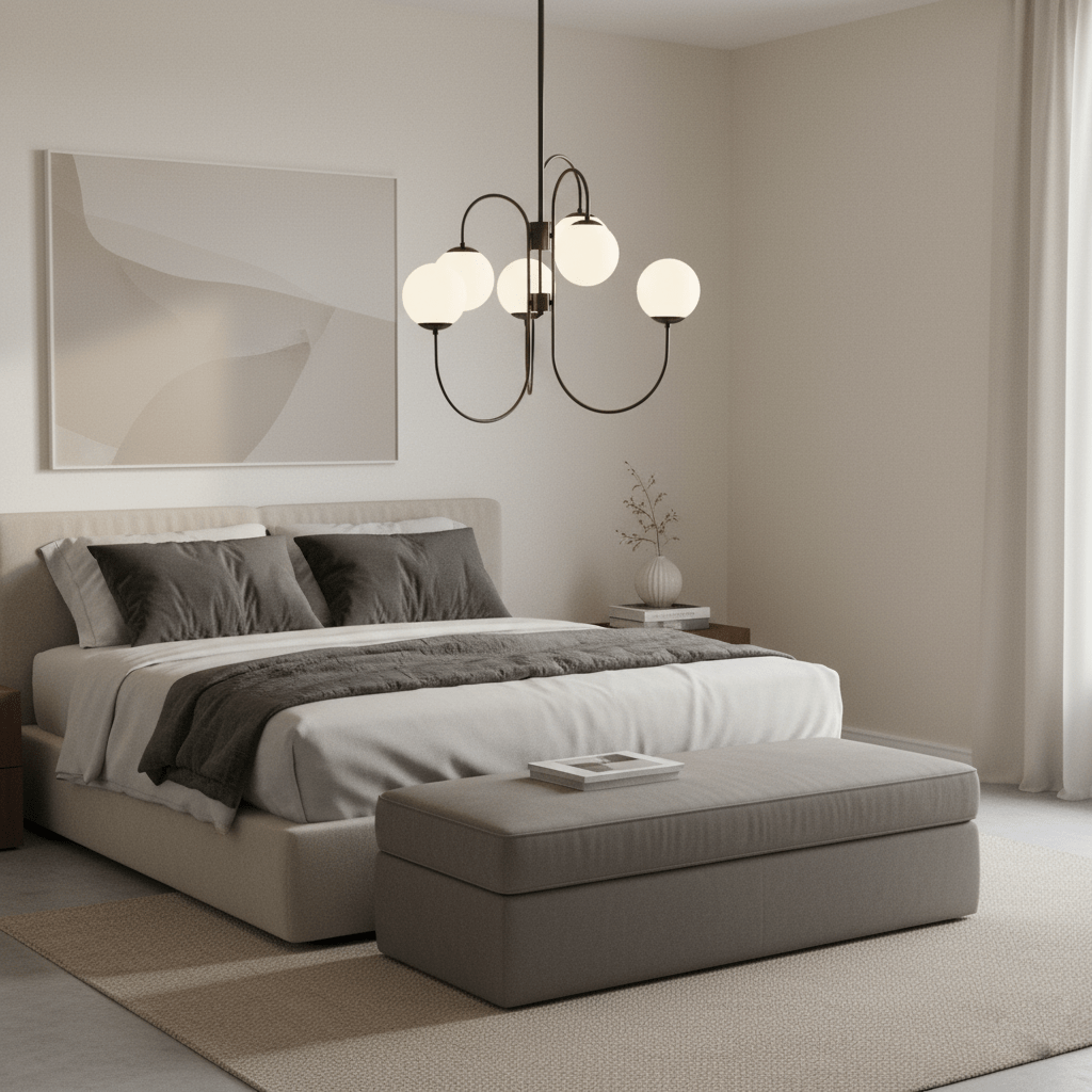 Gooseneck Chandelier | Wrought Iron & Glass, Damp-Rated for Indoor Use in Contemporary or Mid-Century Modern Spaces