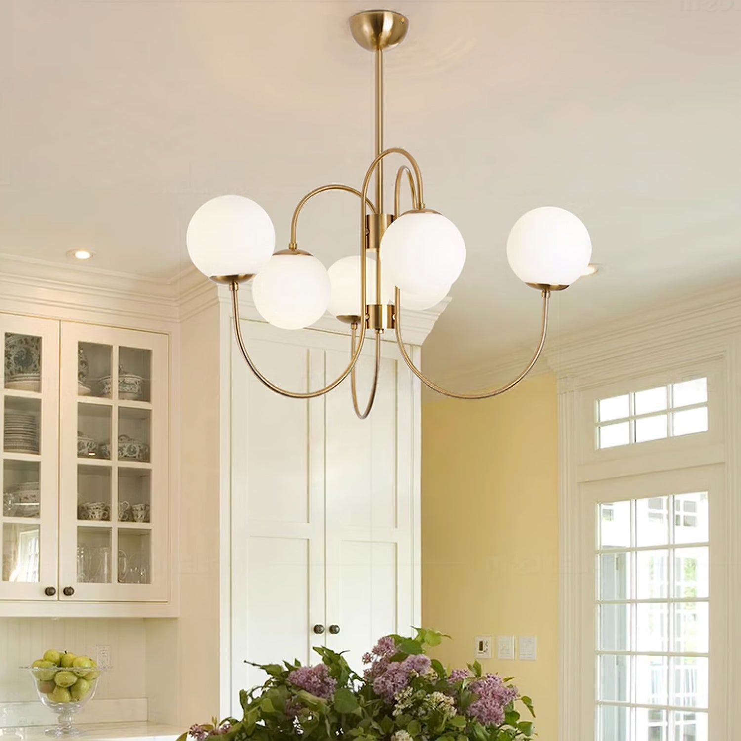 Gooseneck Chandelier | Wrought Iron & Glass, Damp-Rated for Indoor Use in Contemporary or Mid-Century Modern Spaces