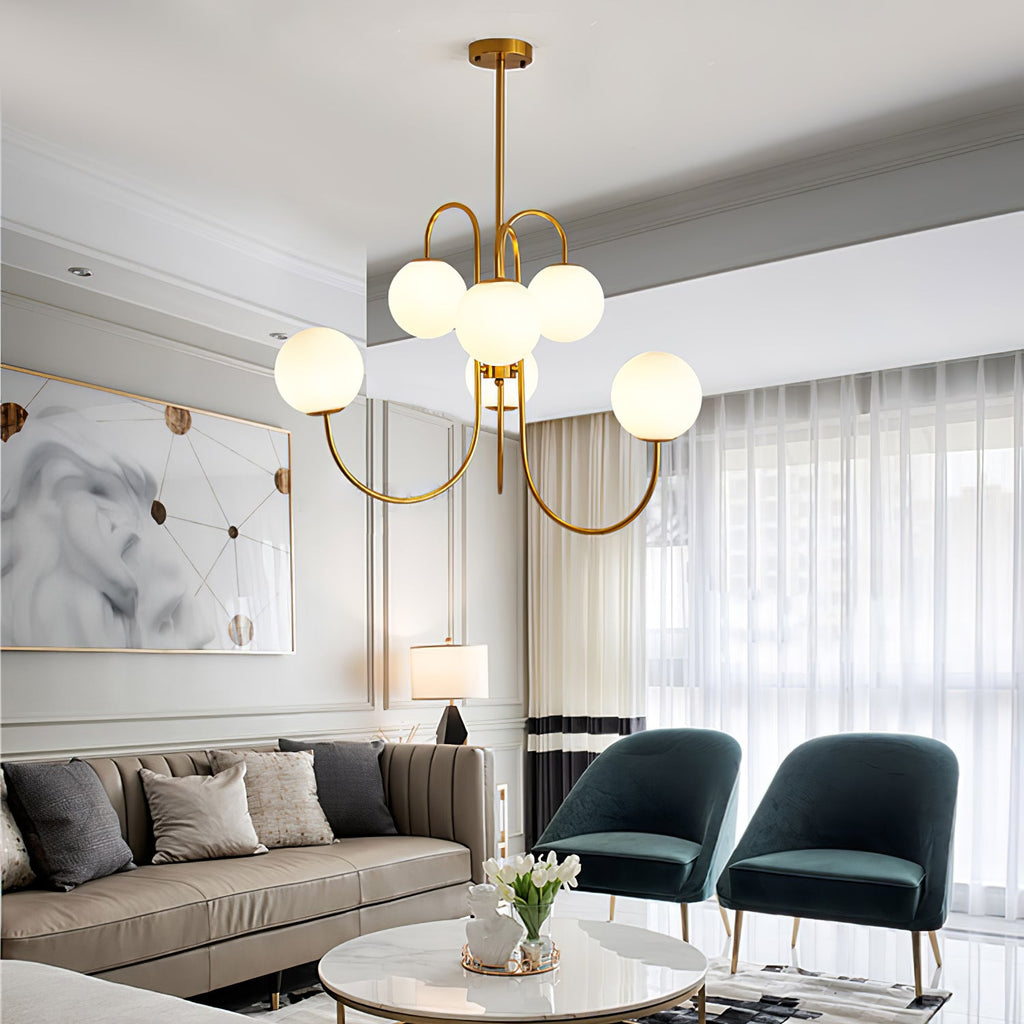 Gooseneck Chandelier | Wrought Iron & Glass, Damp-Rated for Indoor Use in Contemporary or Mid-Century Modern Spaces