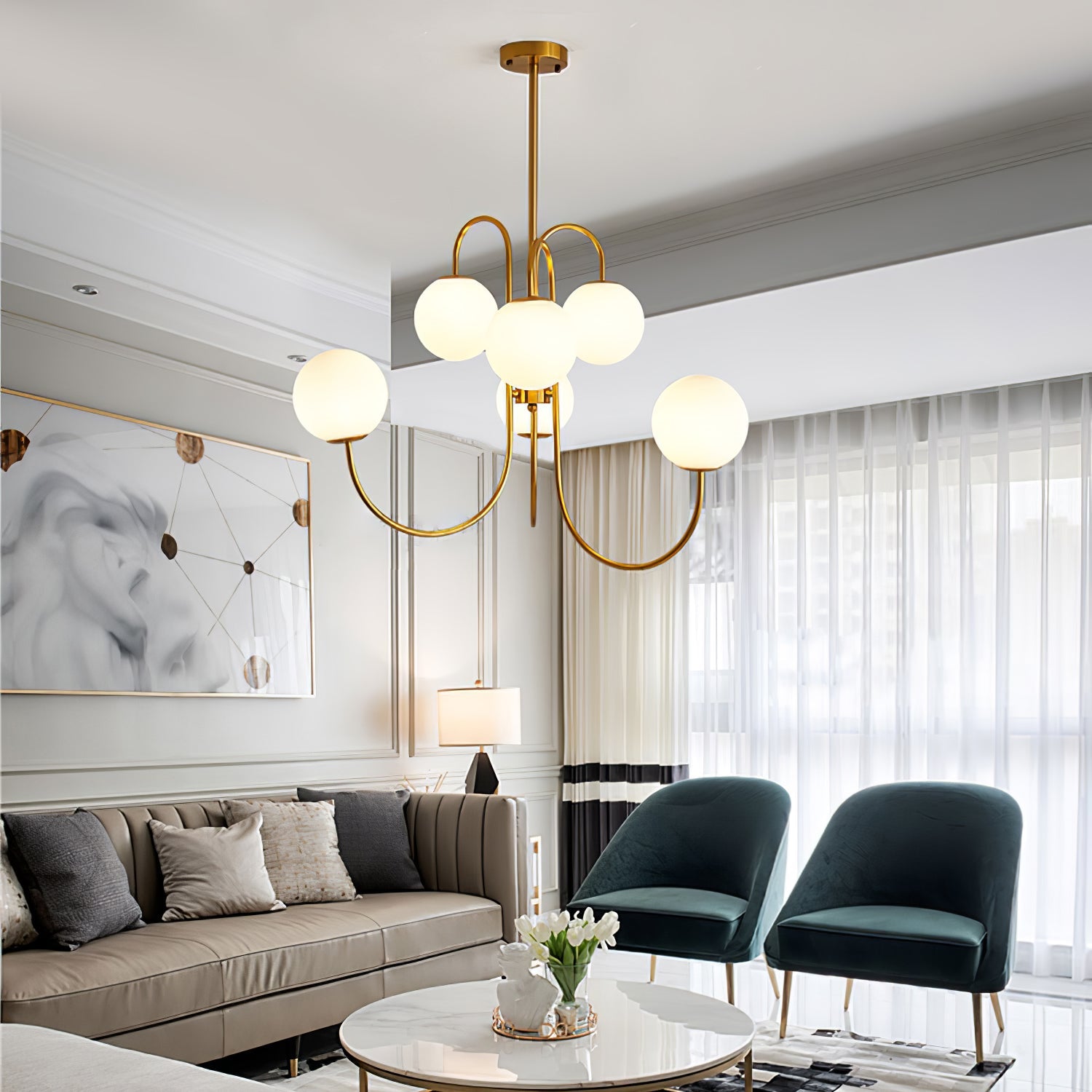 Gooseneck Chandelier | Wrought Iron & Glass, Damp-Rated for Indoor Use in Contemporary or Mid-Century Modern Spaces