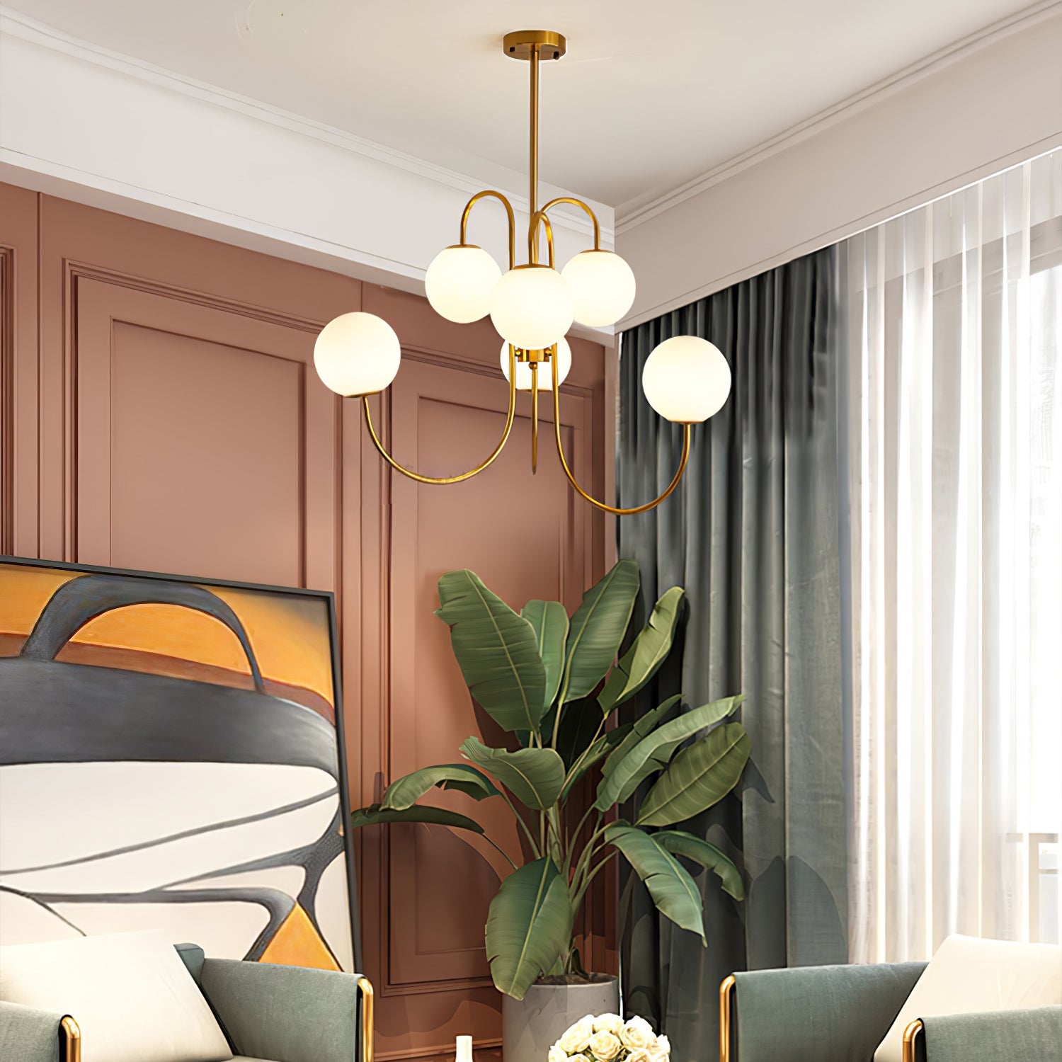 Gooseneck Chandelier | Wrought Iron & Glass, Damp-Rated for Indoor Use in Contemporary or Mid-Century Modern Spaces