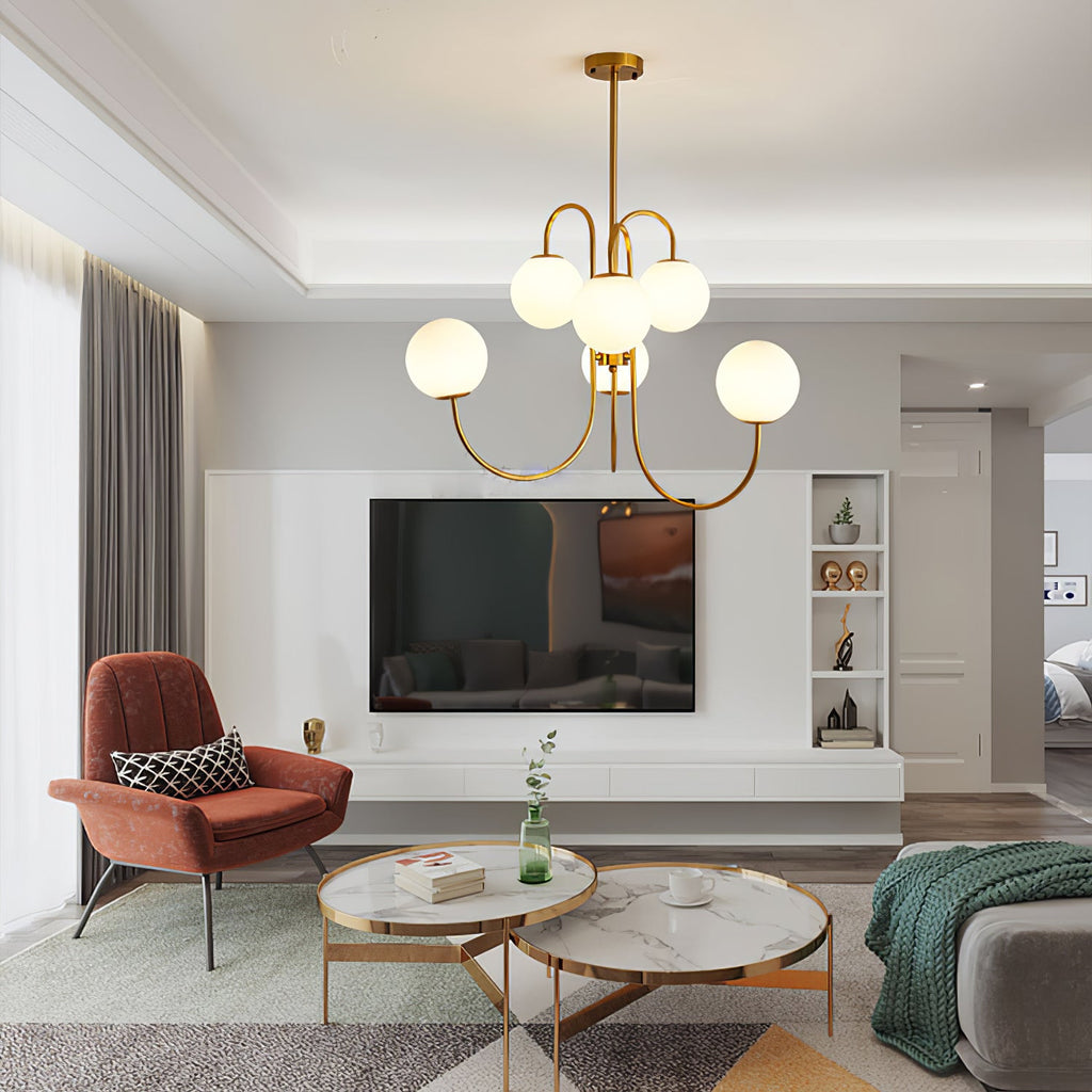 Gooseneck Chandelier | Wrought Iron & Glass, Damp-Rated for Indoor Use in Contemporary or Mid-Century Modern Spaces