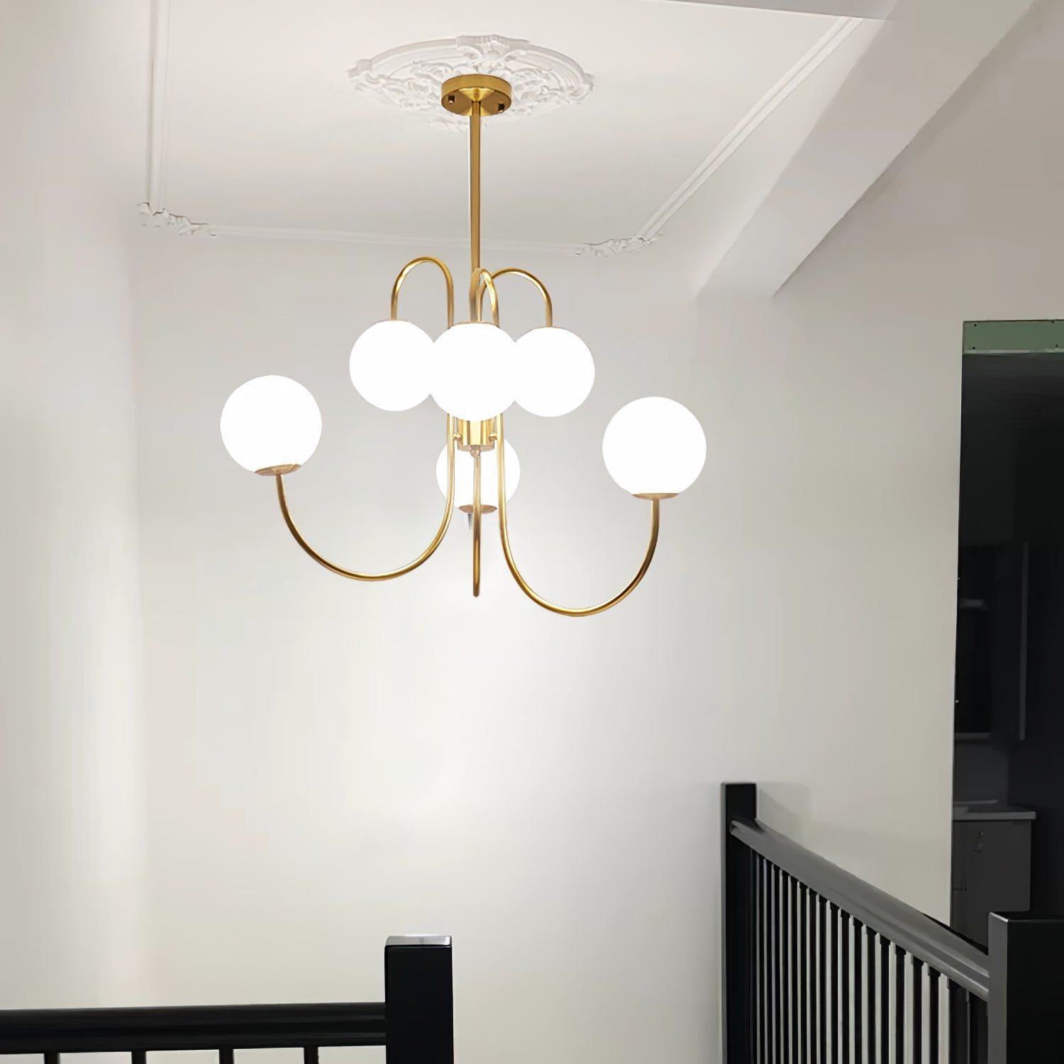 Gooseneck Chandelier | Wrought Iron & Glass, Damp-Rated for Indoor Use in Contemporary or Mid-Century Modern Spaces