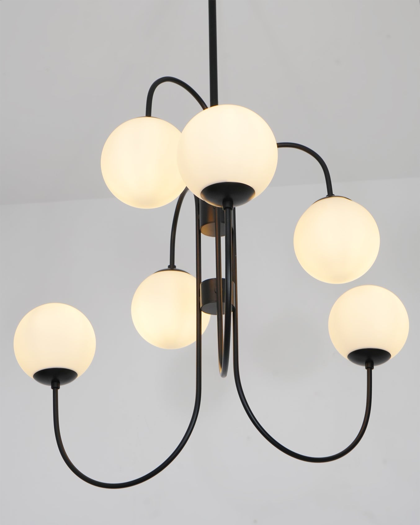 Gooseneck Chandelier | Wrought Iron & Glass, Damp-Rated for Indoor Use in Contemporary or Mid-Century Modern Spaces