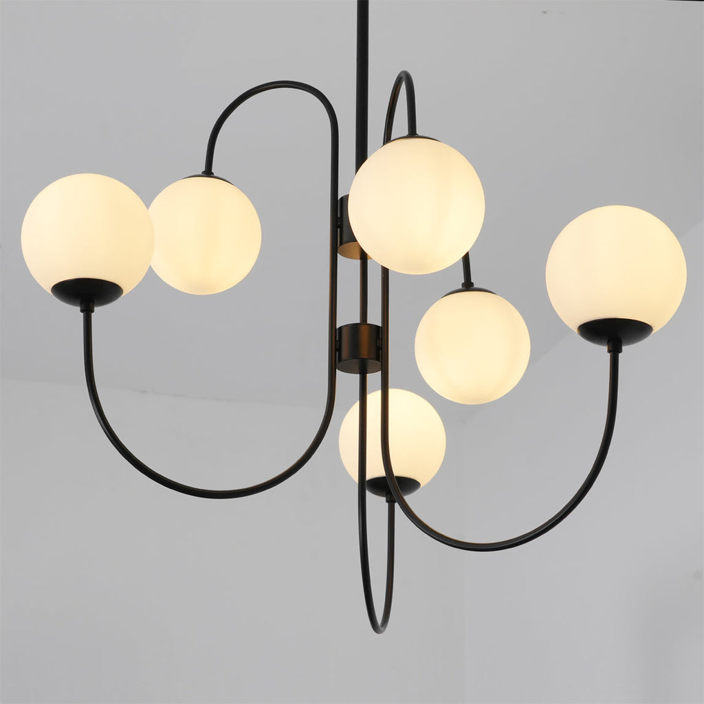 Gooseneck Chandelier | Wrought Iron & Glass, Damp-Rated for Indoor Use in Contemporary or Mid-Century Modern Spaces