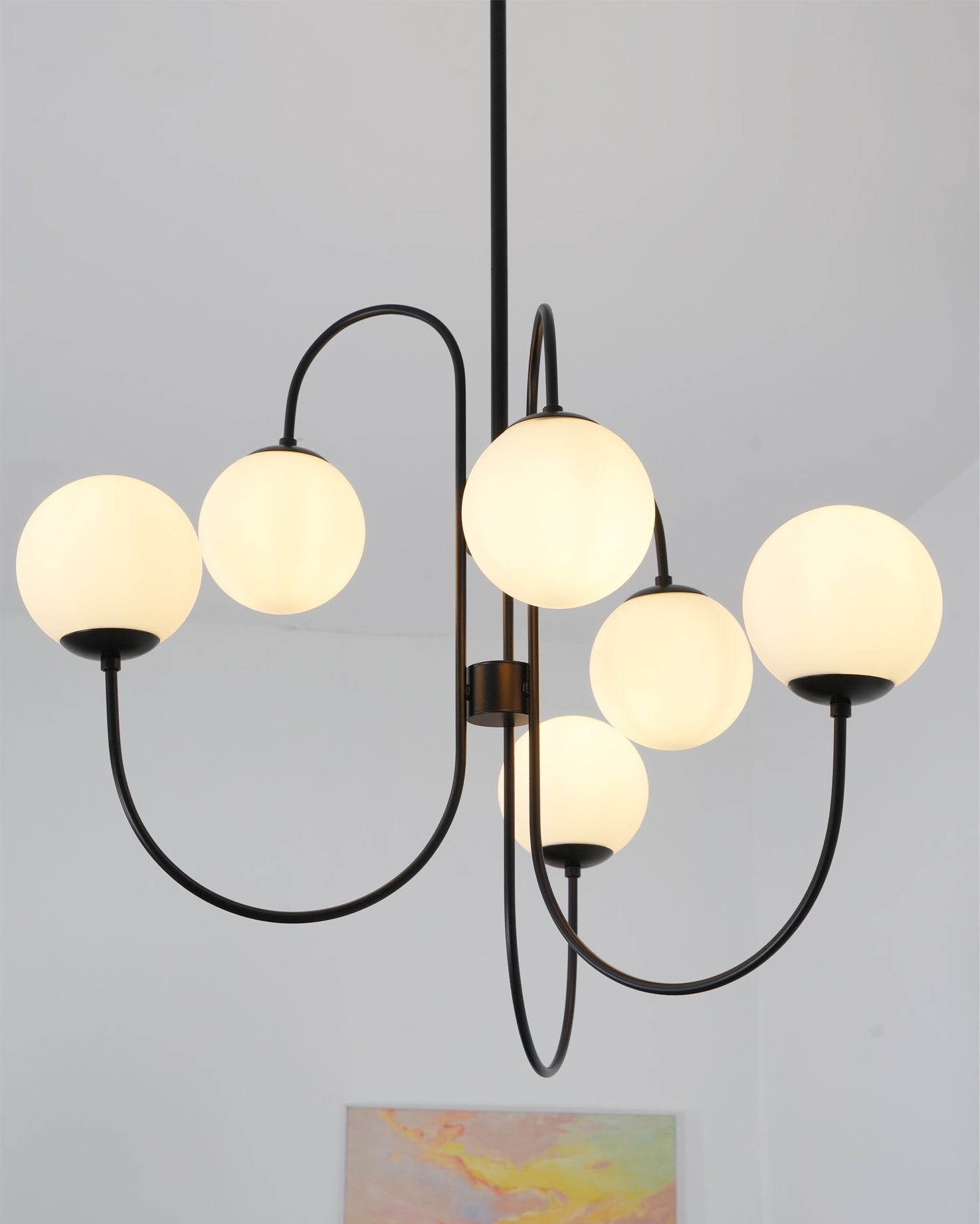 Gooseneck Chandelier | Wrought Iron & Glass, Damp-Rated for Indoor Use in Contemporary or Mid-Century Modern Spaces