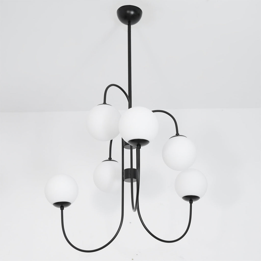 Gooseneck Chandelier | Wrought Iron & Glass, Damp-Rated for Indoor Use in Contemporary or Mid-Century Modern Spaces