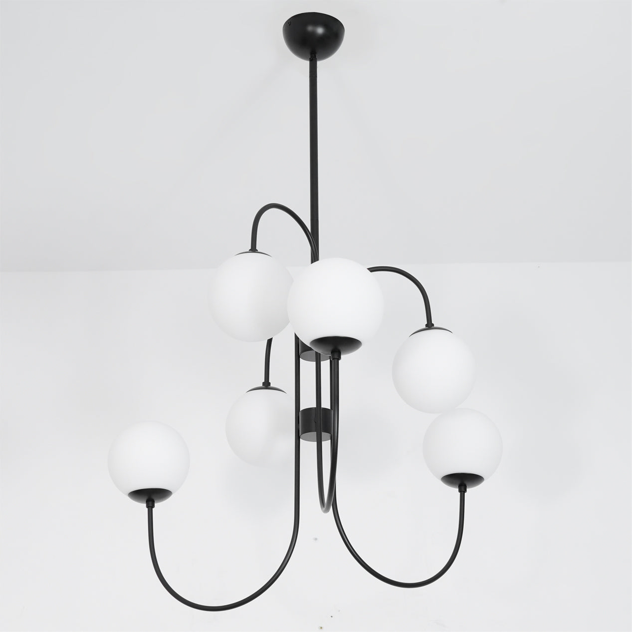 Gooseneck Chandelier | Wrought Iron & Glass, Damp-Rated for Indoor Use in Contemporary or Mid-Century Modern Spaces