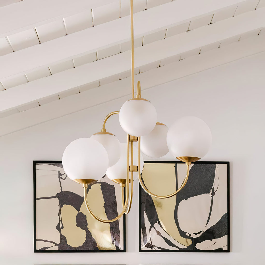 Gooseneck Chandelier | Wrought Iron & Glass, Damp-Rated for Indoor Use in Contemporary or Mid-Century Modern Spaces