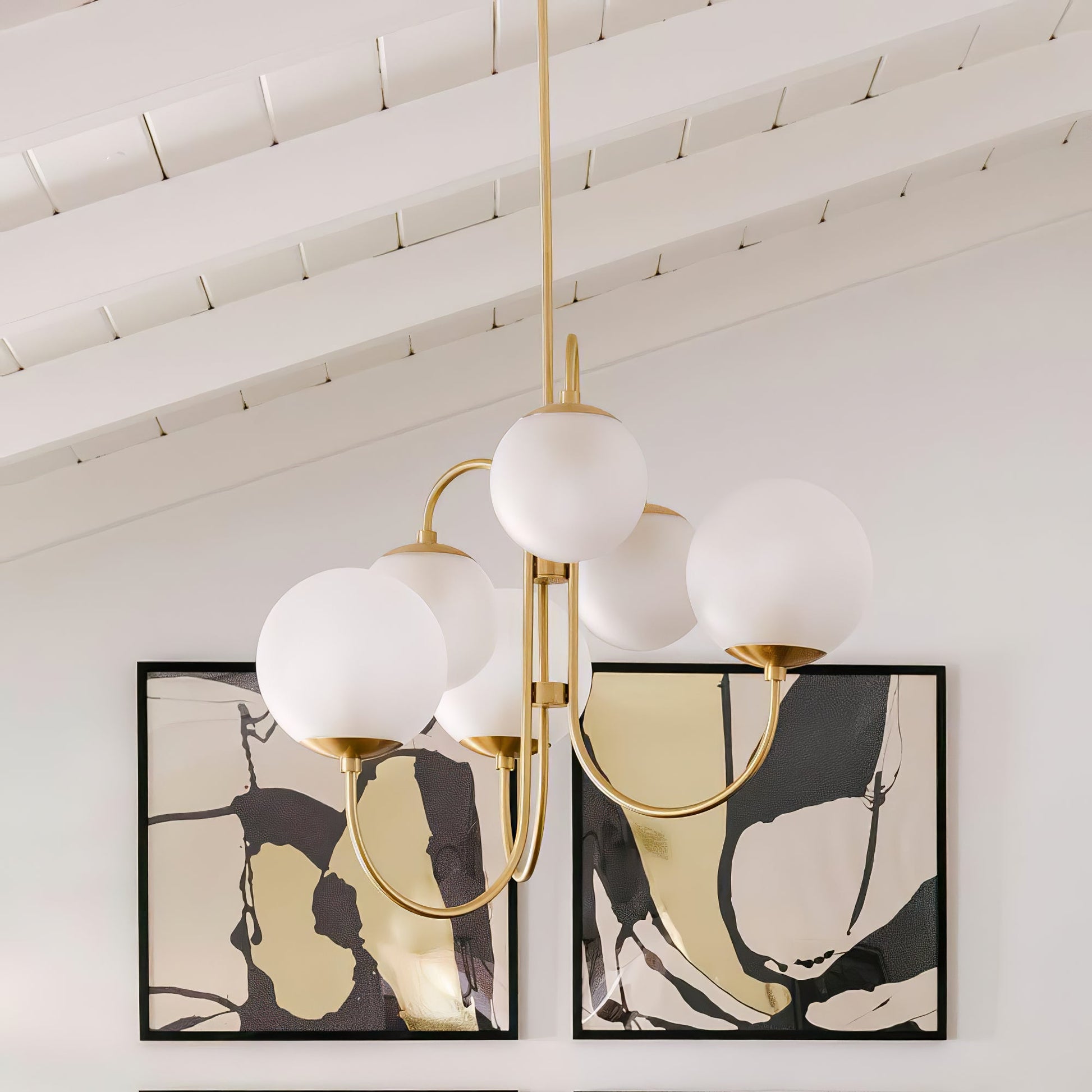 Gooseneck Chandelier | Wrought Iron & Glass, Damp-Rated for Indoor Use in Contemporary or Mid-Century Modern Spaces