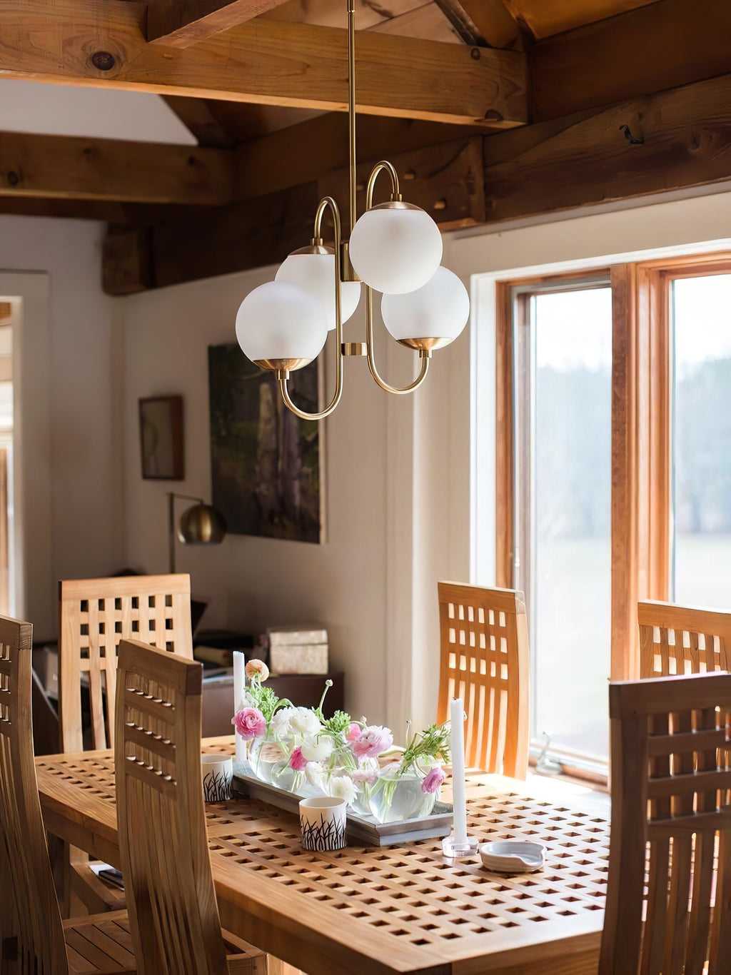 Gooseneck Chandelier | Wrought Iron & Glass, Damp-Rated for Indoor Use in Contemporary or Mid-Century Modern Spaces