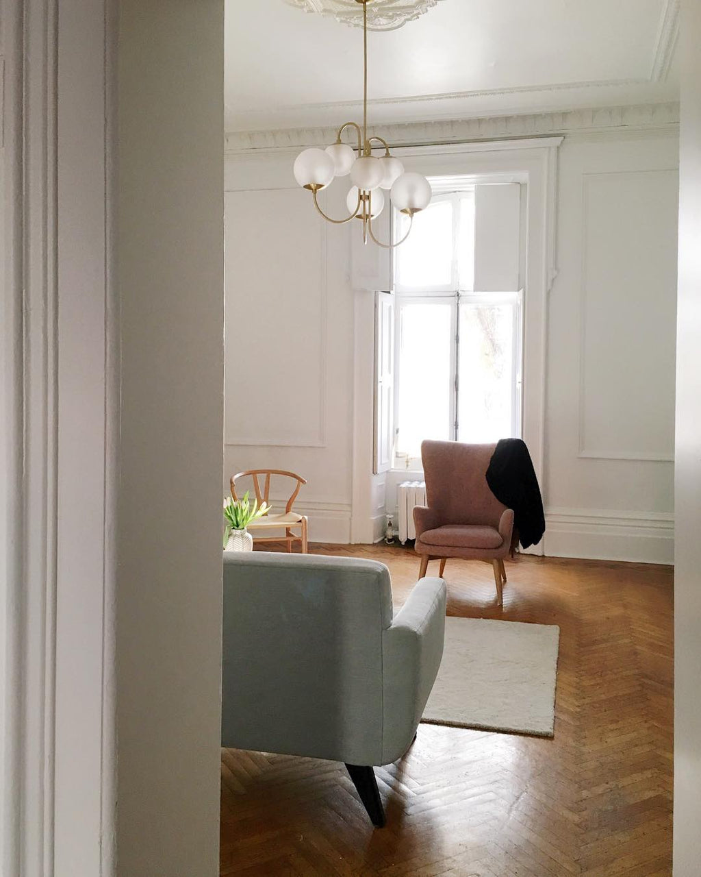 Gooseneck Chandelier | Wrought Iron & Glass, Damp-Rated for Indoor Use in Contemporary or Mid-Century Modern Spaces