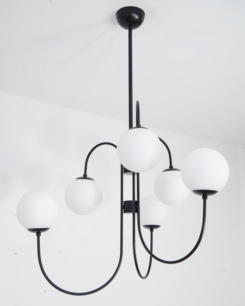 Gooseneck Chandelier | Wrought Iron & Glass, Damp-Rated for Indoor Use in Contemporary or Mid-Century Modern Spaces