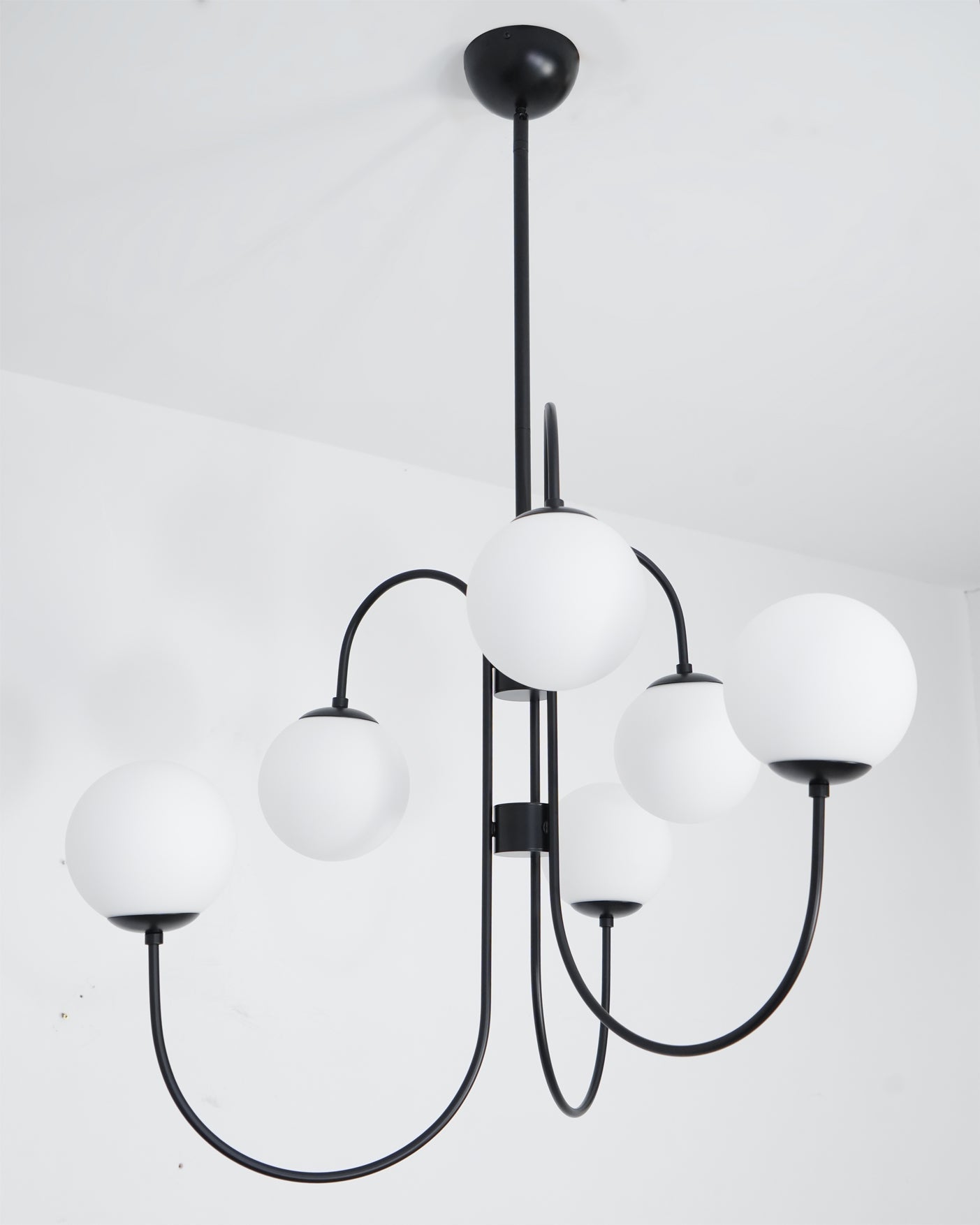 Gooseneck Chandelier | Wrought Iron & Glass, Damp-Rated for Indoor Use in Contemporary or Mid-Century Modern Spaces