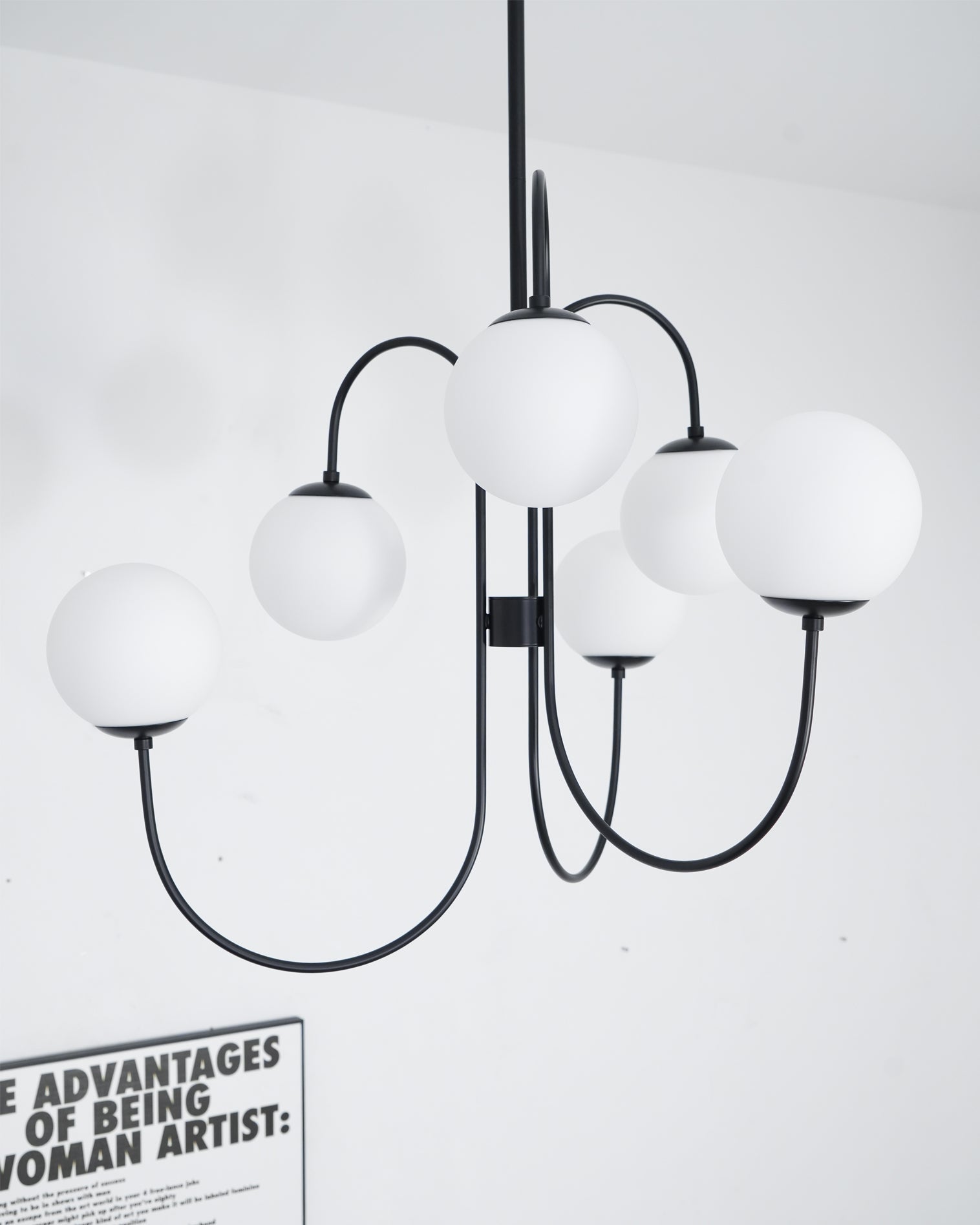 Gooseneck Chandelier | Wrought Iron & Glass, Damp-Rated for Indoor Use in Contemporary or Mid-Century Modern Spaces