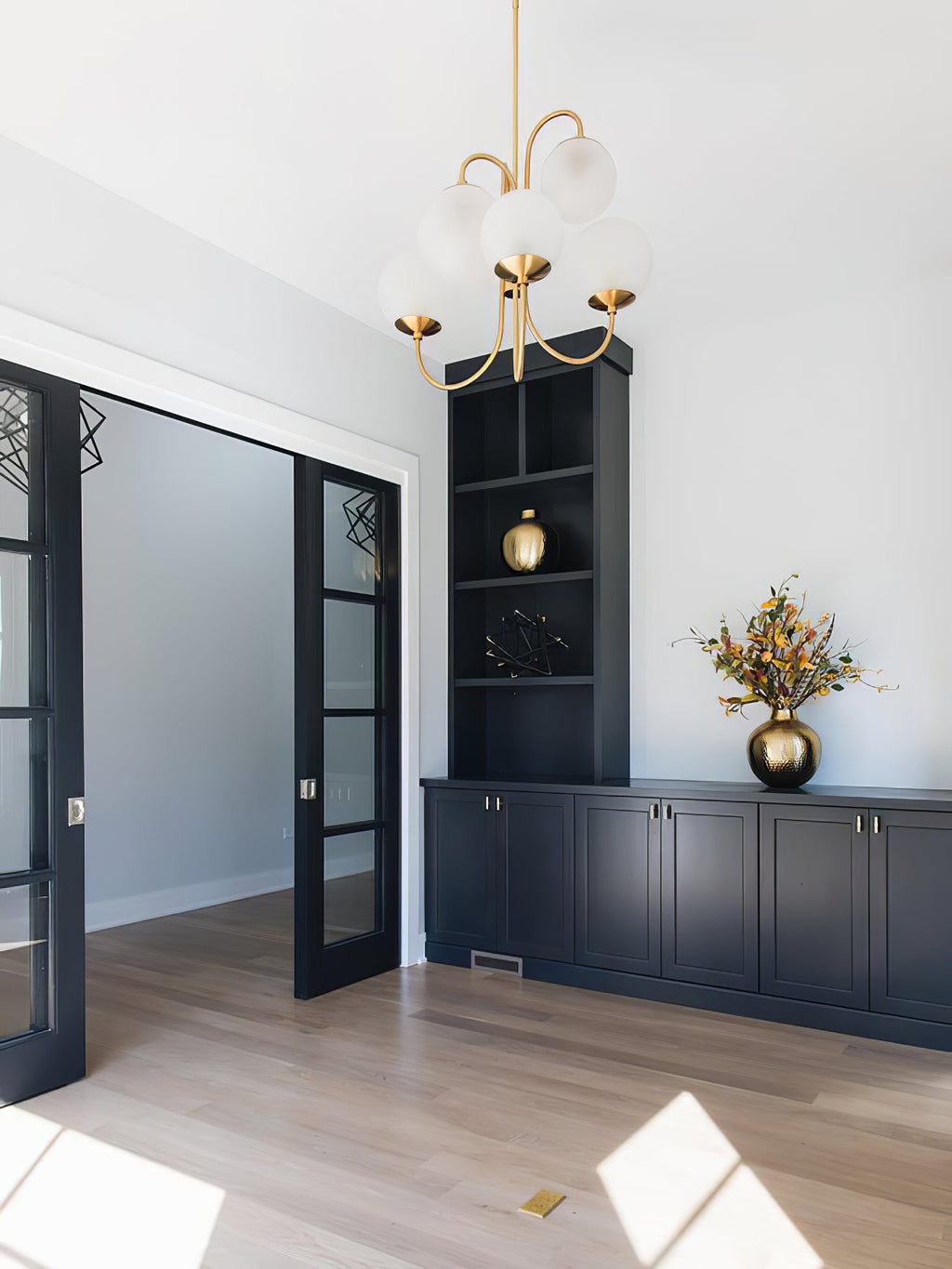 Gooseneck Chandelier | Wrought Iron & Glass, Damp-Rated for Indoor Use in Contemporary or Mid-Century Modern Spaces