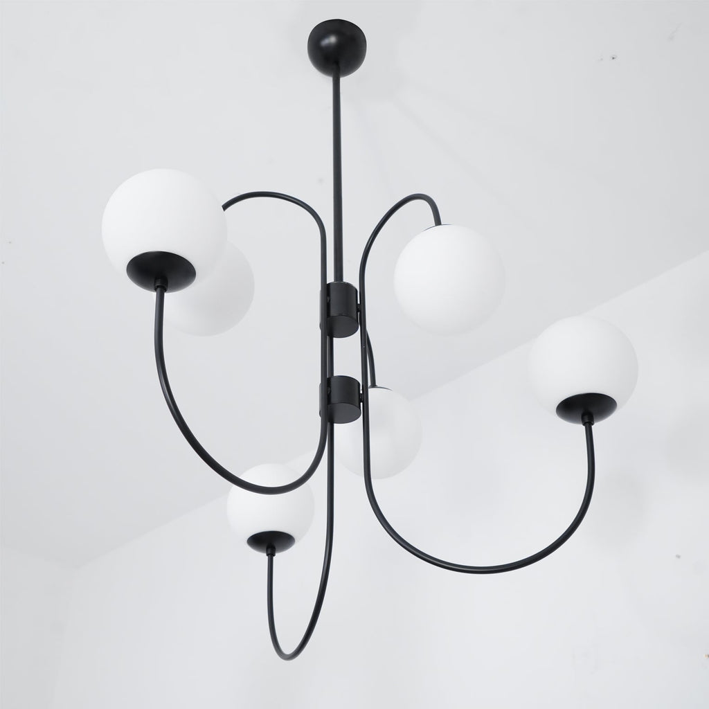 Gooseneck Chandelier | Wrought Iron & Glass, Damp-Rated for Indoor Use in Contemporary or Mid-Century Modern Spaces