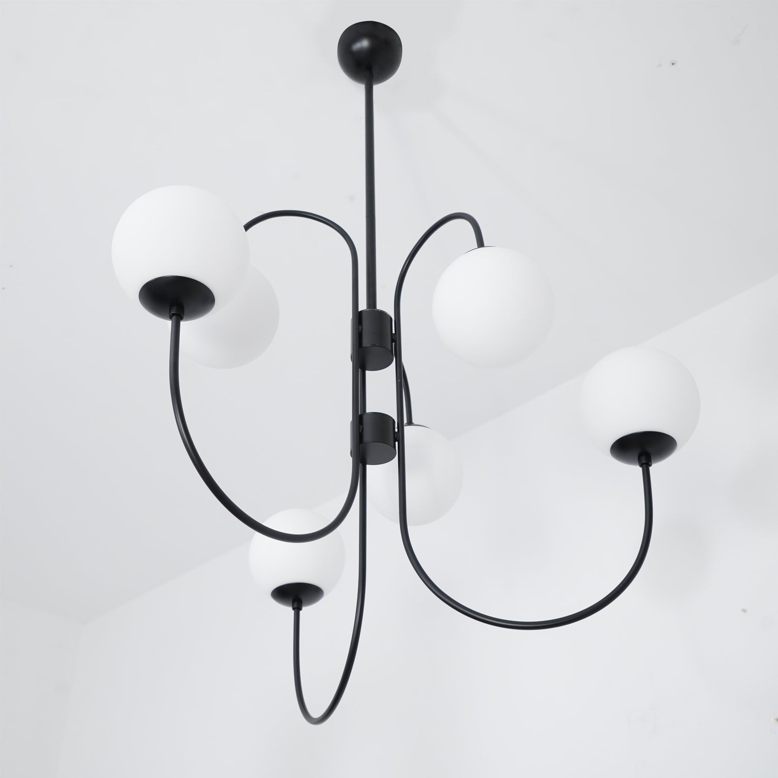 Gooseneck Chandelier | Wrought Iron & Glass, Damp-Rated for Indoor Use in Contemporary or Mid-Century Modern Spaces