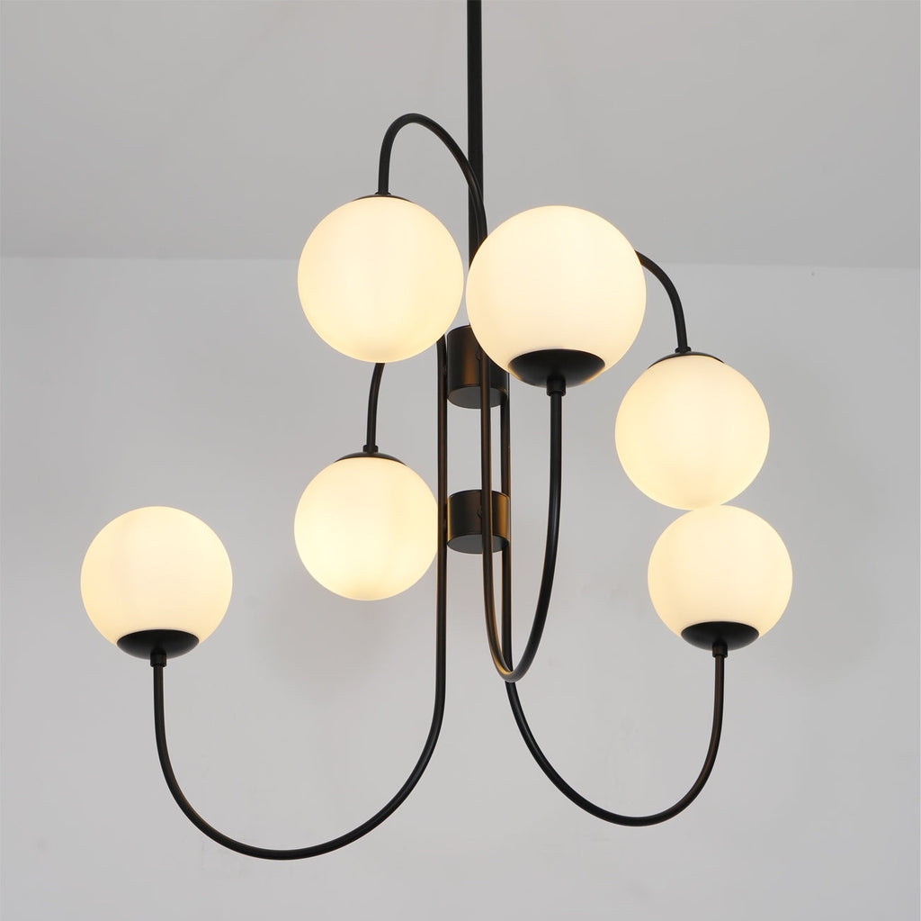 Gooseneck Chandelier | Wrought Iron & Glass, Damp-Rated for Indoor Use in Contemporary or Mid-Century Modern Spaces