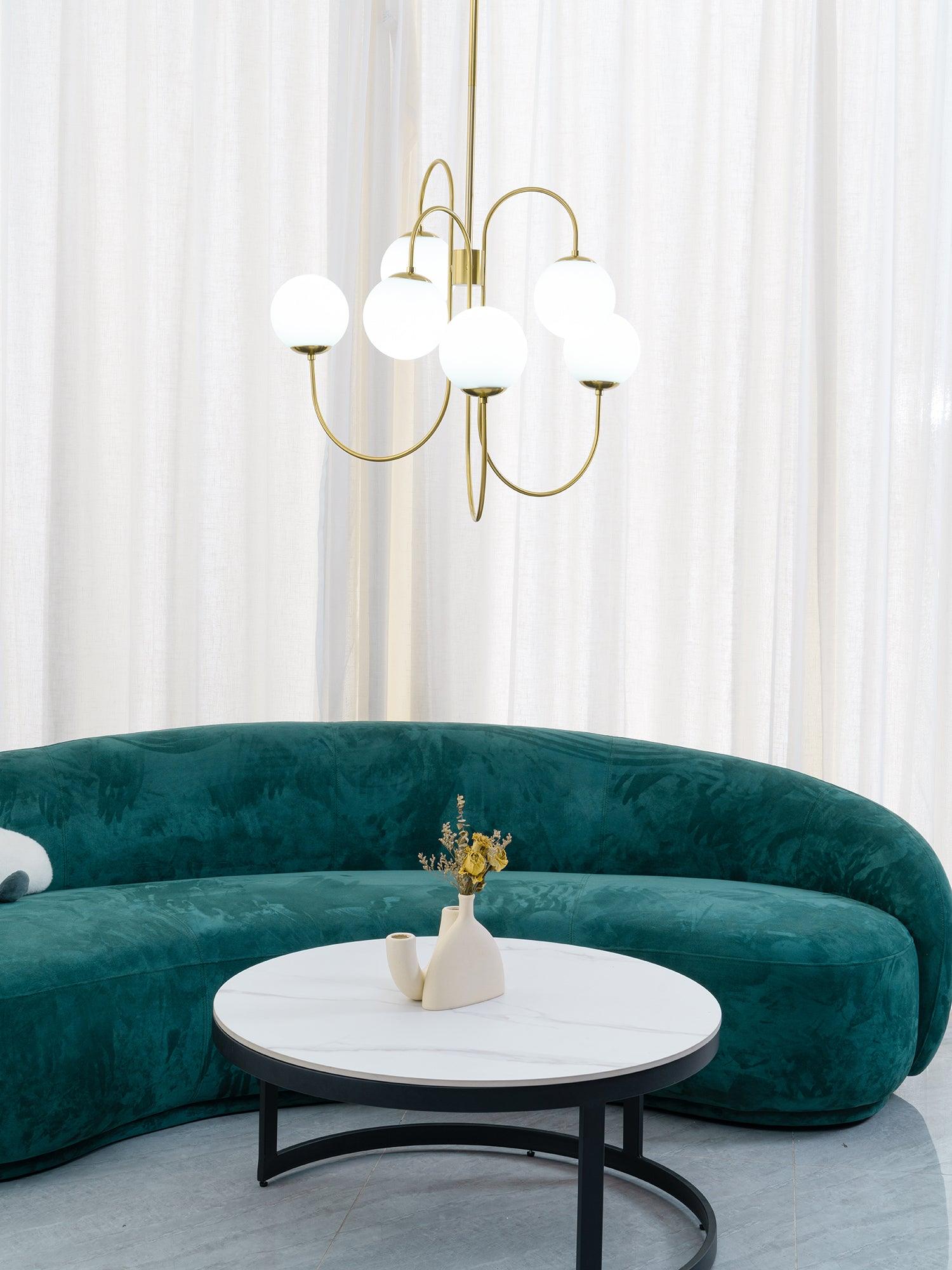 Gooseneck Chandelier | Wrought Iron & Glass, Damp-Rated for Indoor Use in Contemporary or Mid-Century Modern Spaces