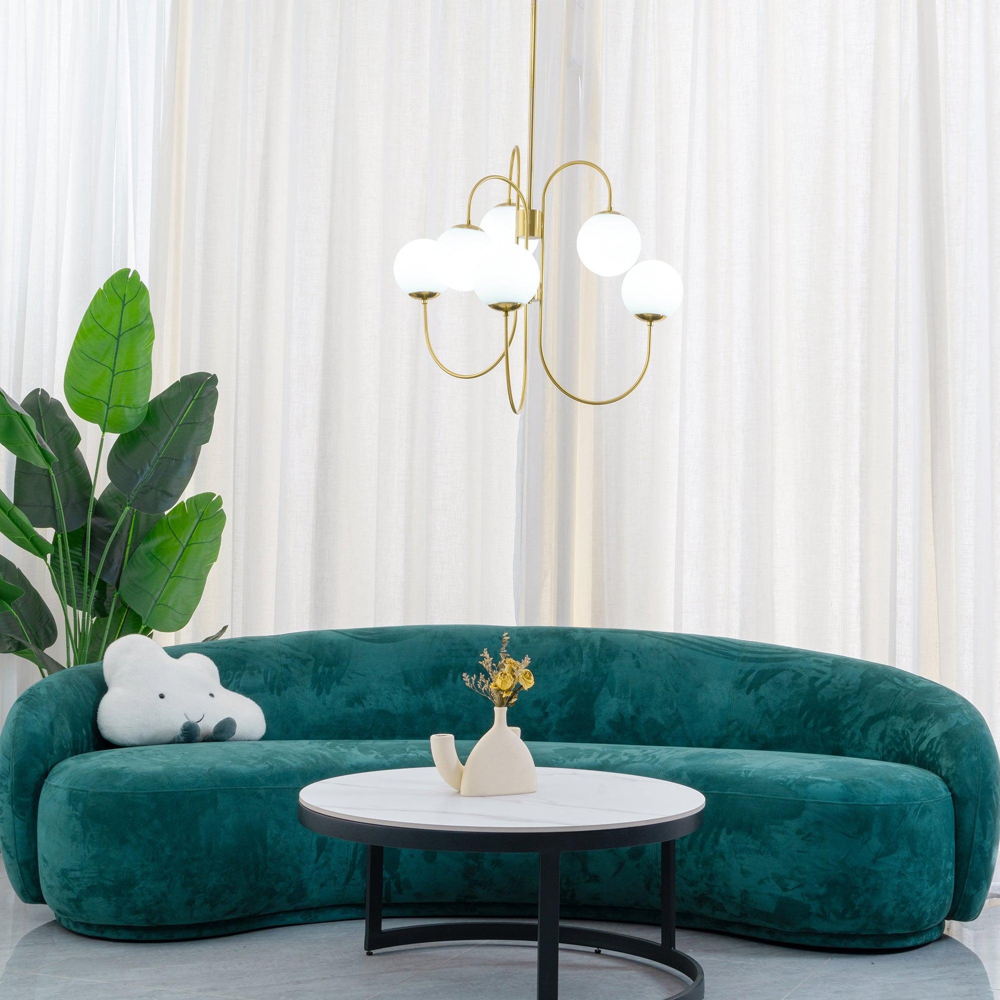 Gooseneck Chandelier | Wrought Iron & Glass, Damp-Rated for Indoor Use in Contemporary or Mid-Century Modern Spaces