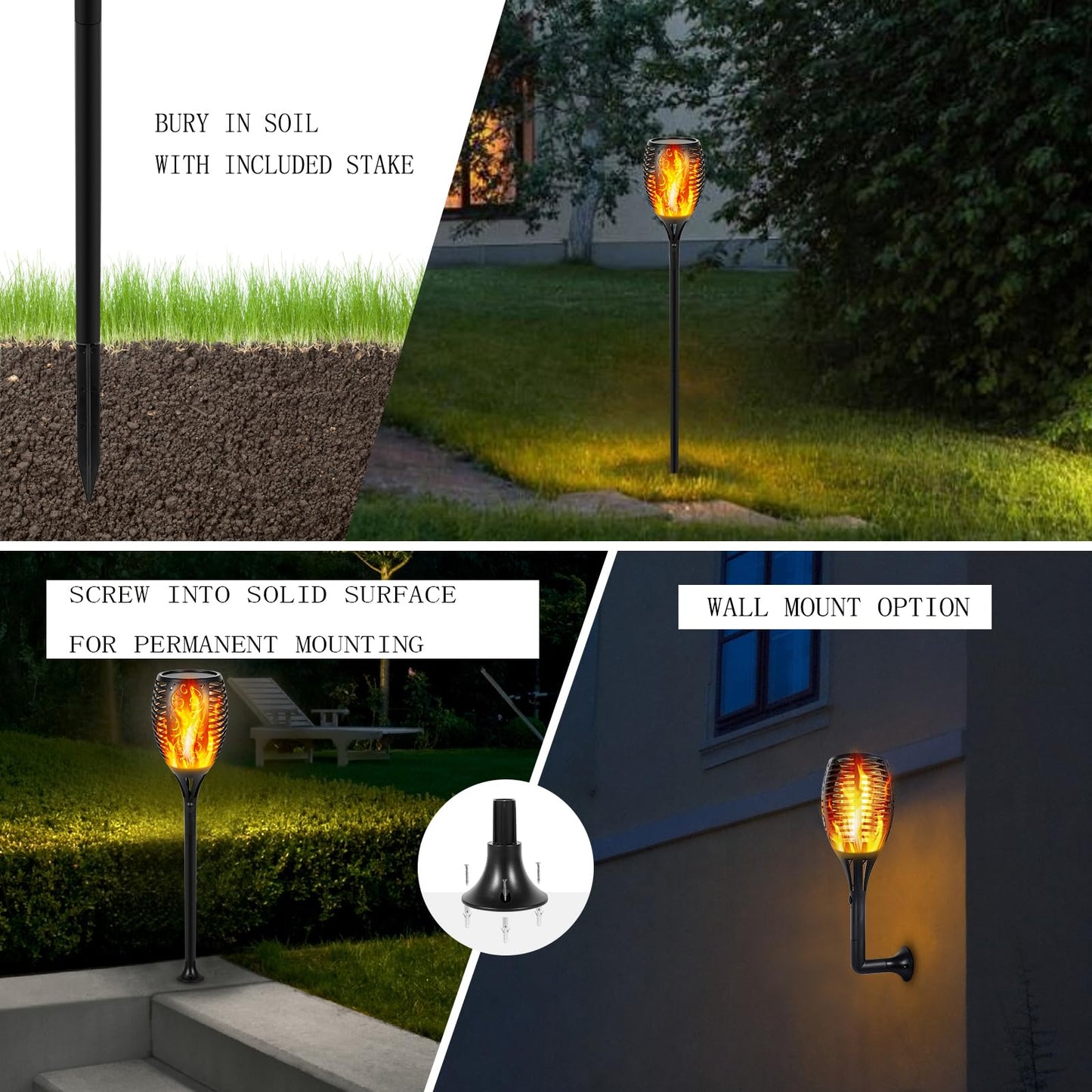 Solar LED Flame Torch Lights - 4 Pack Outdoor Flickering Fire Lamps for Lawn, Garden, and Patio Lighting